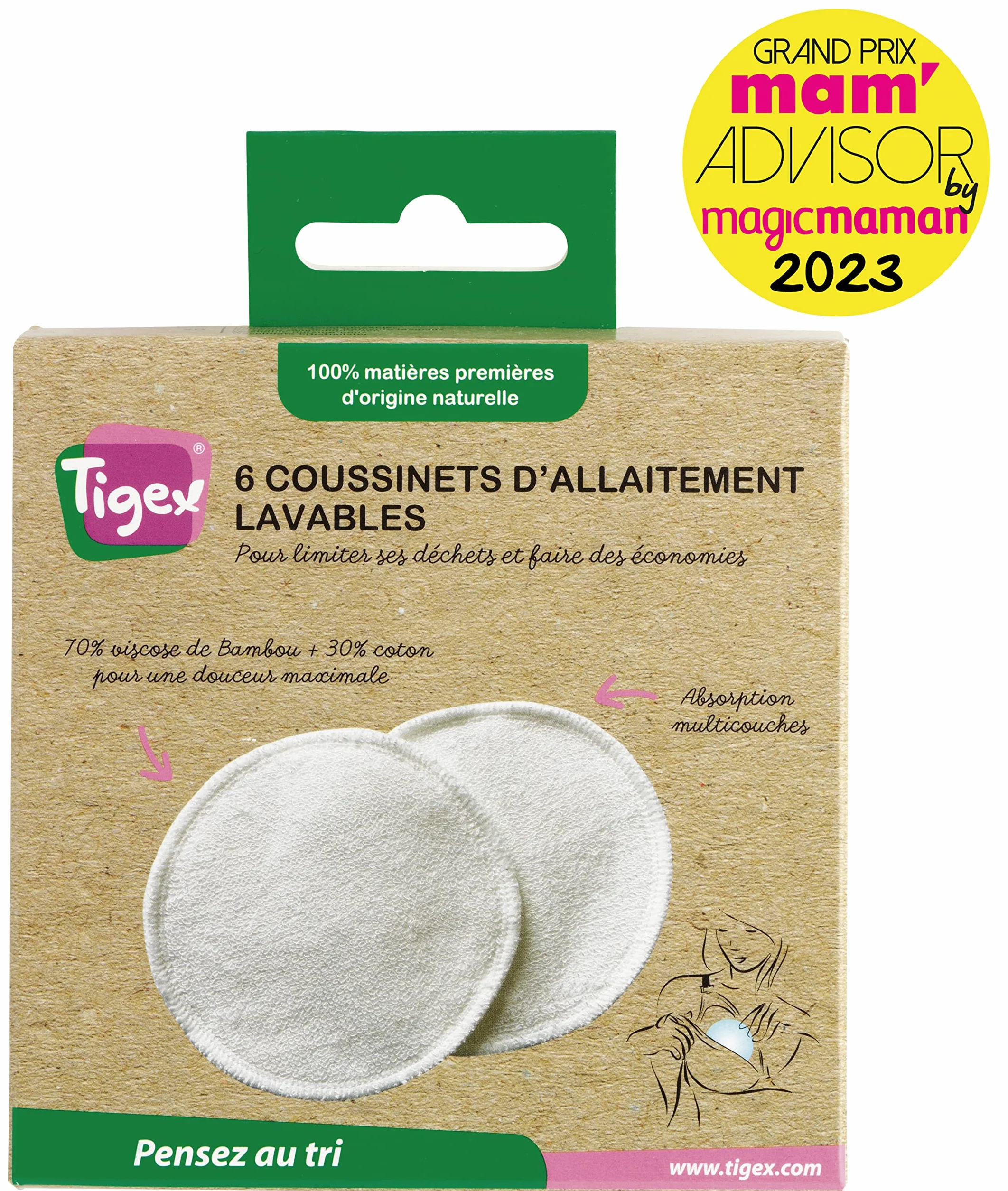 Tigex Coussinets d’allaitement lavables Coton bambou doux Pochette coton bio Lot de 6