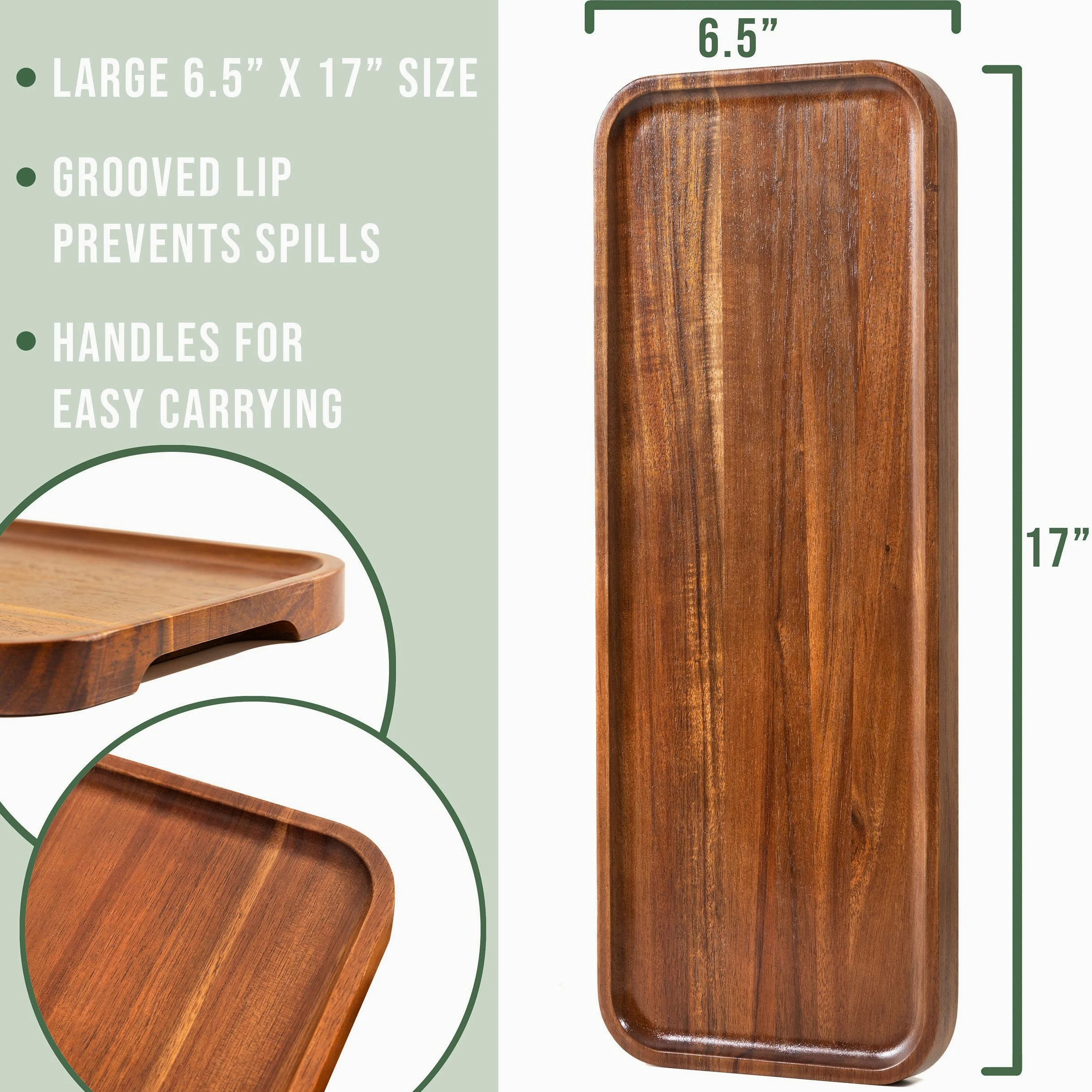 Grands Plateaux de Service rectangulaires en Bois d'acacia Massif (43,2 x 16,5 cm) pour décoration d'intérieur, Nourriture, légumes, Fruits, charcuterie, apéritif, Planche à Fromage (Lot de 3