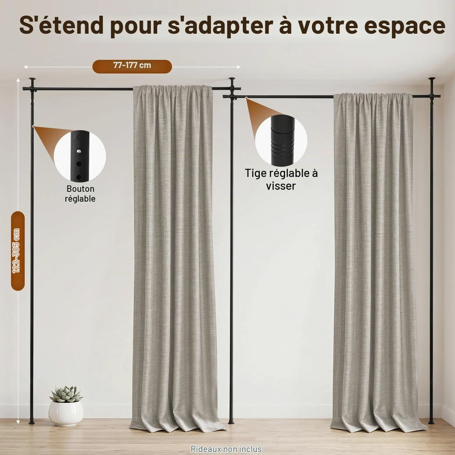Barre de Séparation Pièce sans Perçage – Tringle Rideau Télescopique Réglable en Hauteur 1,5 m à 3,5 m, Support Mural Autoportant pour Cloison Amovible, idéal Locataires