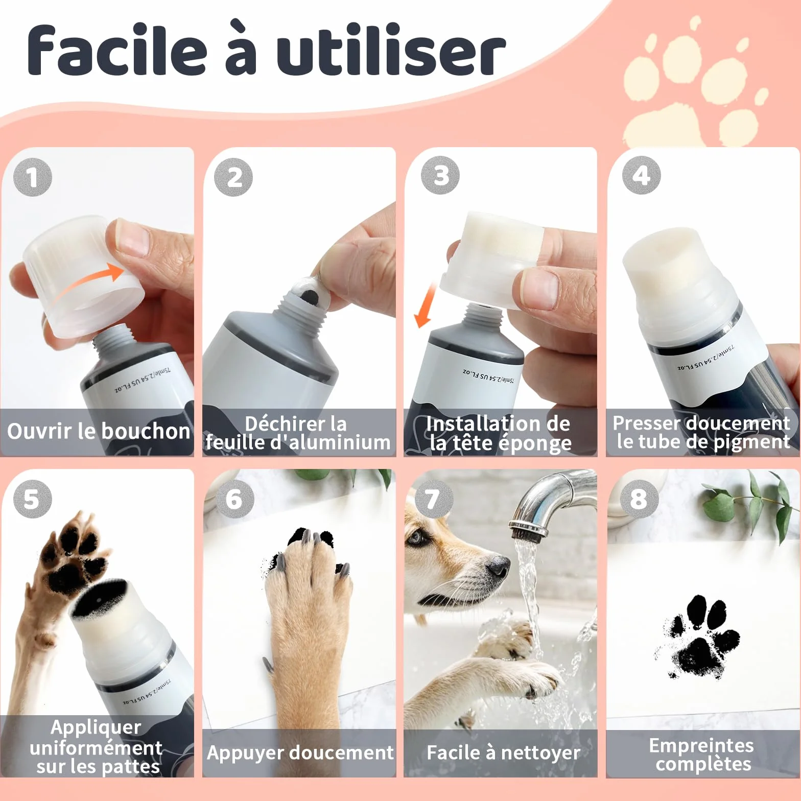 Nabance Kit Empreinte Chien Chat Bebe Tête Éponge Noir 75ml Non Toxique Lavable