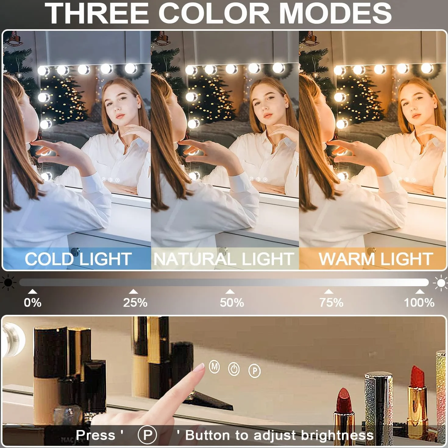 Miroir Maquillage Hollywood Lumineux LED 15 Lumières Dimmables 58x45cm Contrôle Tactile 2 Couleurs Montage Mural Blanc