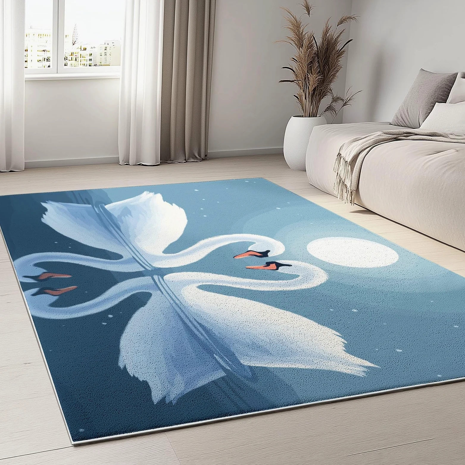 Bleu Tapis Enfant 140x200 cm Ciel Étoilé Lune Animaux Cygnes, Tapis Lavable en Machine et Antidérapant, Moquette à Poil Ras Doux pour Chambre et Salle de Jeux