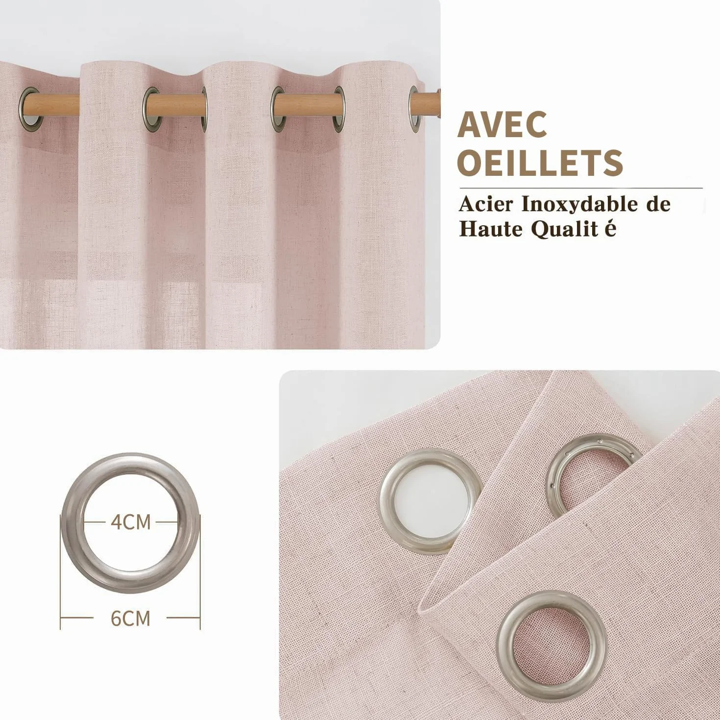 CUCRAF Rideau avec Oeillets Voilage Lin Semi-Transparent, Vieux Rose 140x245cm Lot de 2