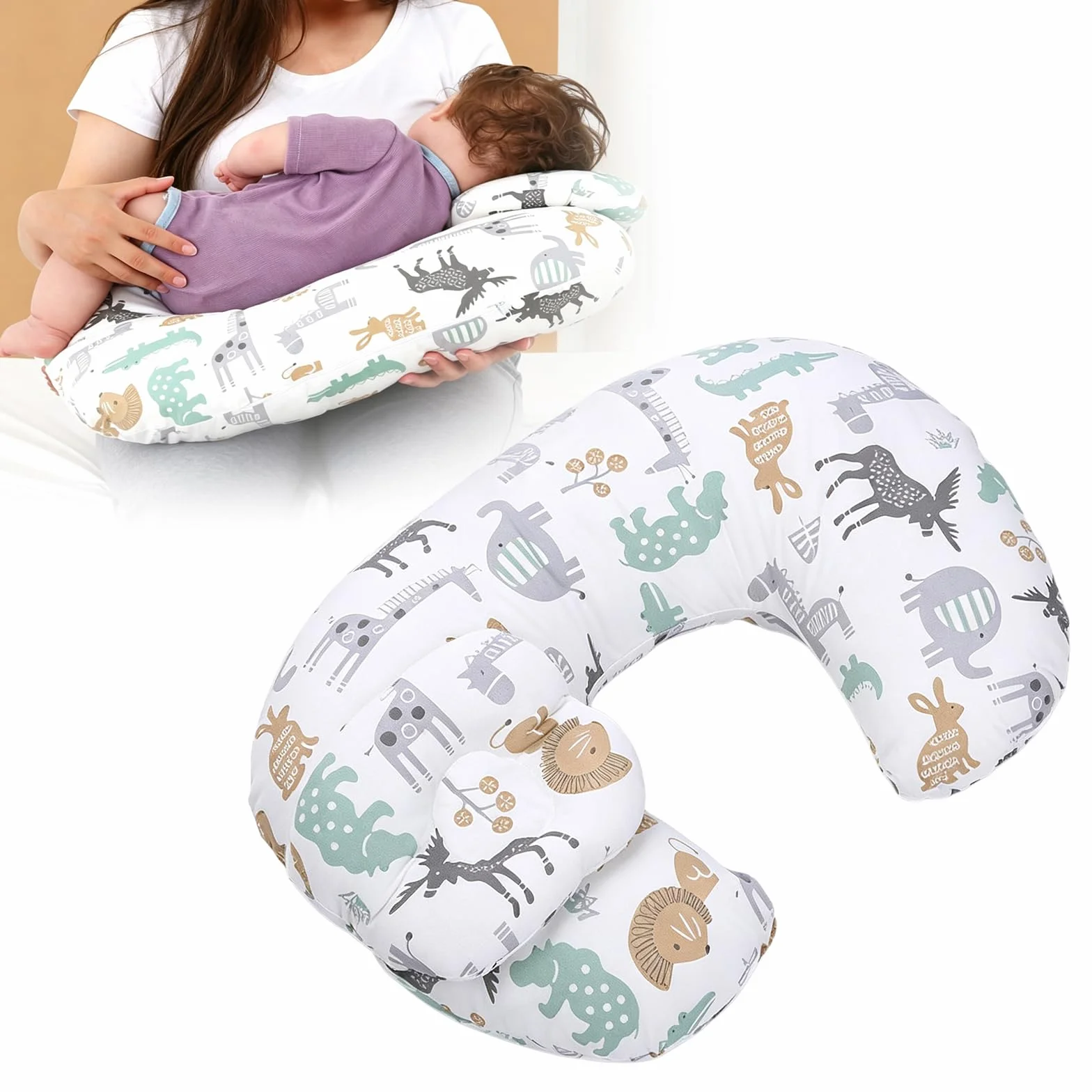 BORDEAG Coussin d'allaitement pour nouveau-né 53 x 40 cm avec housse motif parc animalier