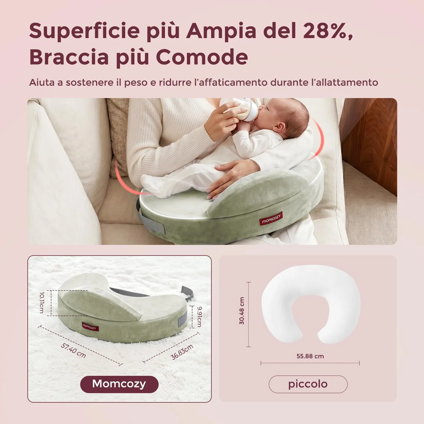 Momcozy Coussin Allaitement Mémoire de Forme Ergonomique, Soutien Large Sangle Réglable, Housse Coton Amovible Vert