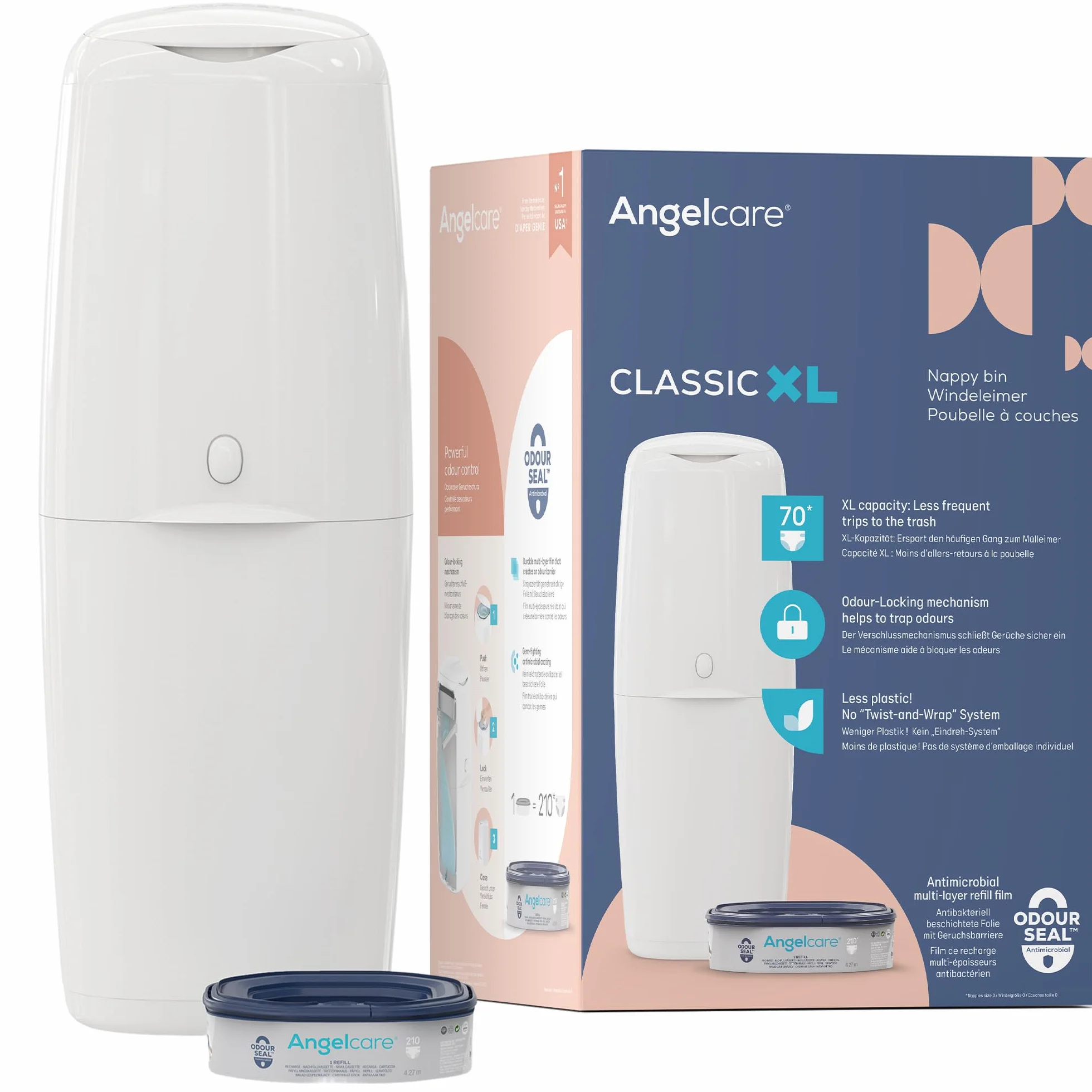 Angelcare Poubelle à Couches Classic XL Anti-Odeur Haute Capacité 1 Mois 190 Couches