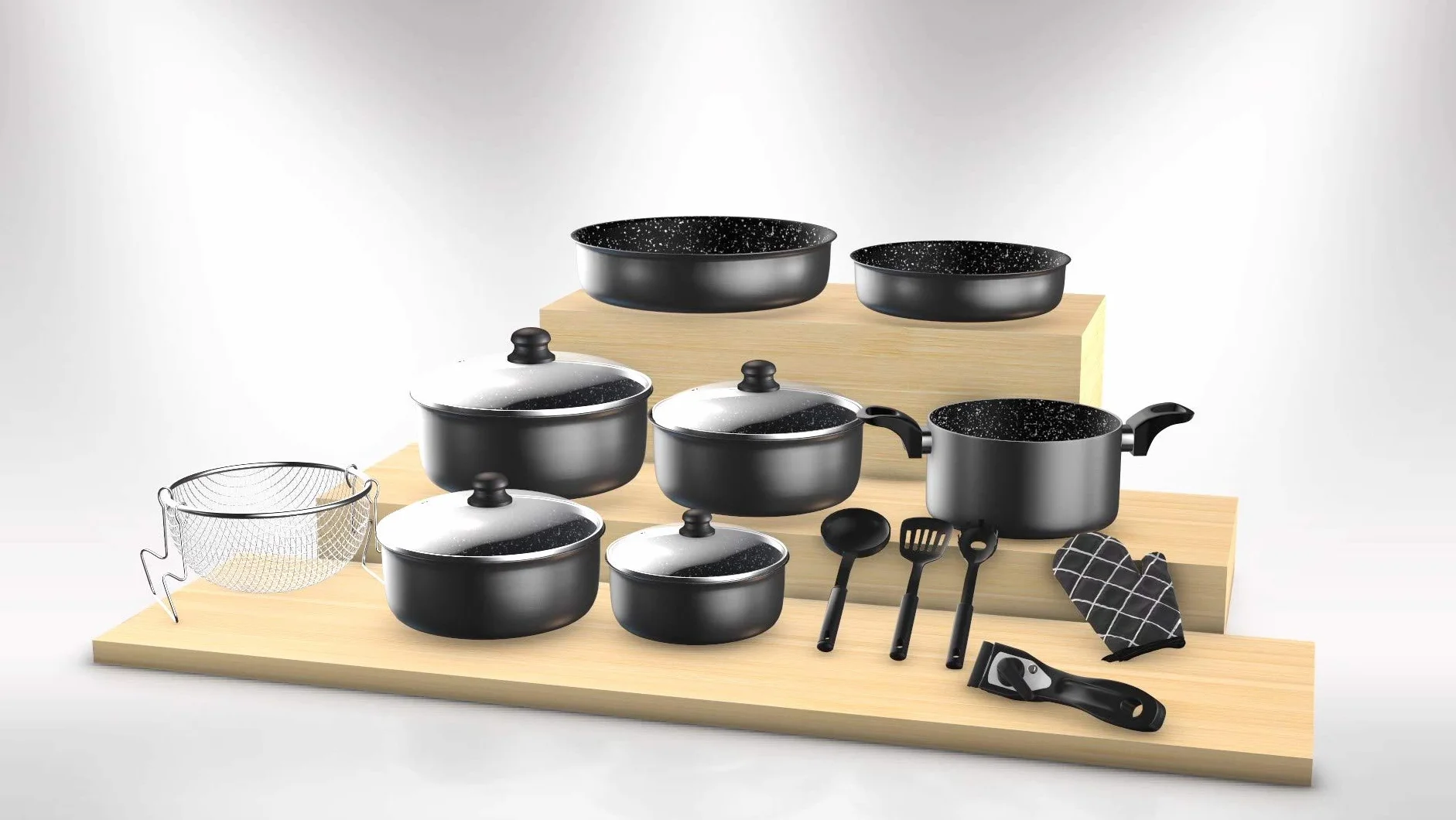 Herzberg Batterie de Cuisine Set de Casseroles et Poêles Induction 17 Pièces Aluminium Forgé Revêtement Marbre Anti-Adhésif Tous Feux Gant Inclus