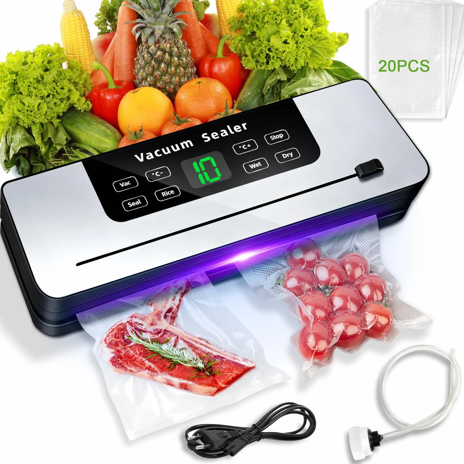 Machine Sous Vide Alimentaire 7 en 1, Automatique Secs et Humides, Professionnel avec Couteau de Coupe, 20 Sacs et Tube