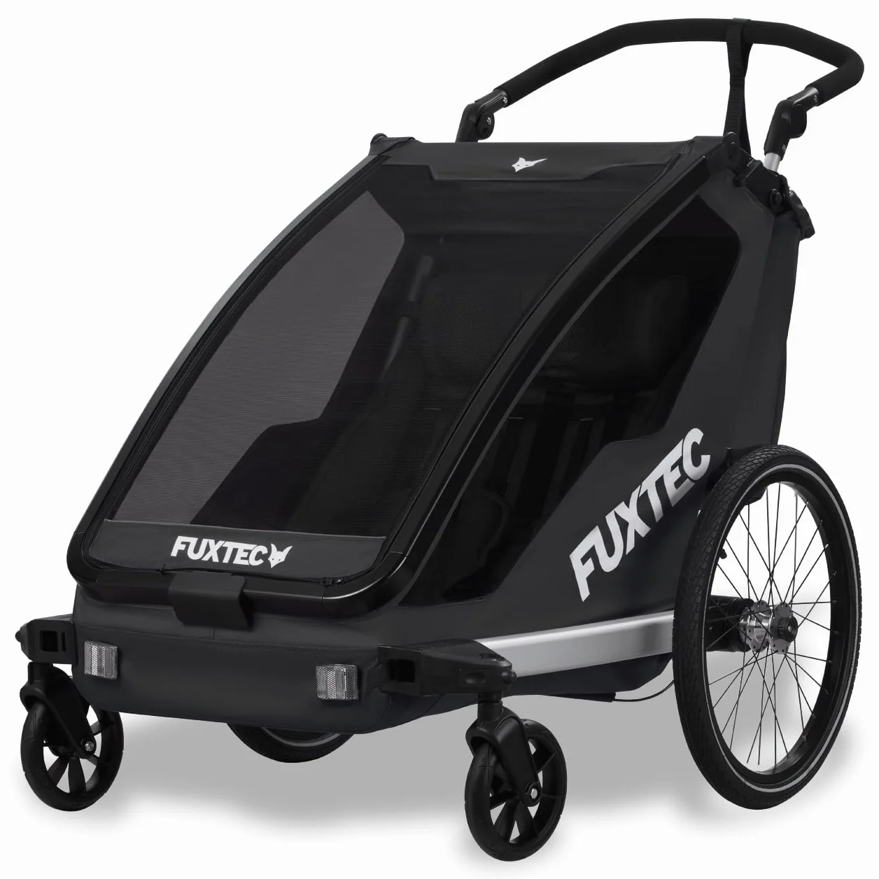 Fuxtec Sport Cruiser 2-en-1 Remorque Vélo Buggy Jogger Noir pour 2 Enfants en Aluminium Pliable avec Protection Pluie et Soleil