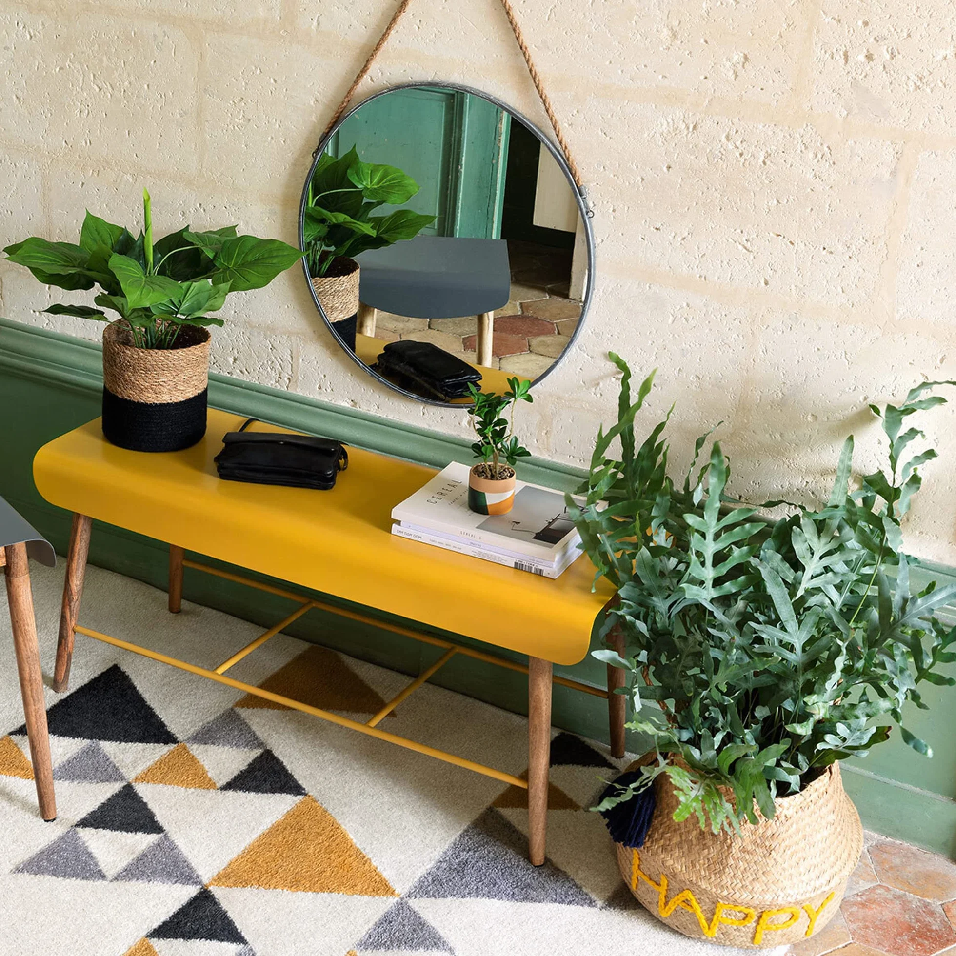 Atmosphera Miroir Rond à Suspendre Noir 38 cm Cadre Métal Corde Jute
