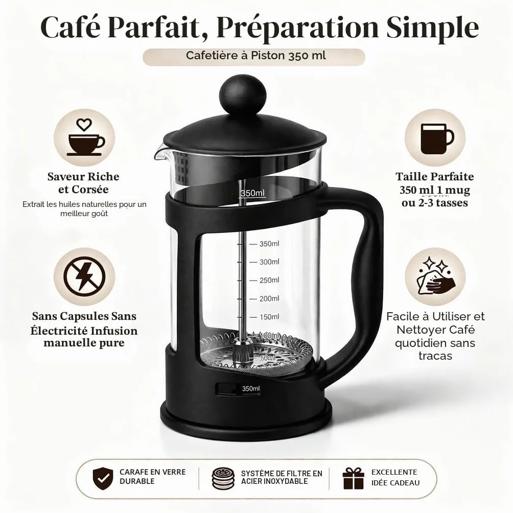 Cafetière Classique Continental Noire 350 ml – Cafetière à Piston en Verre Trempé Résistant aux Chocs