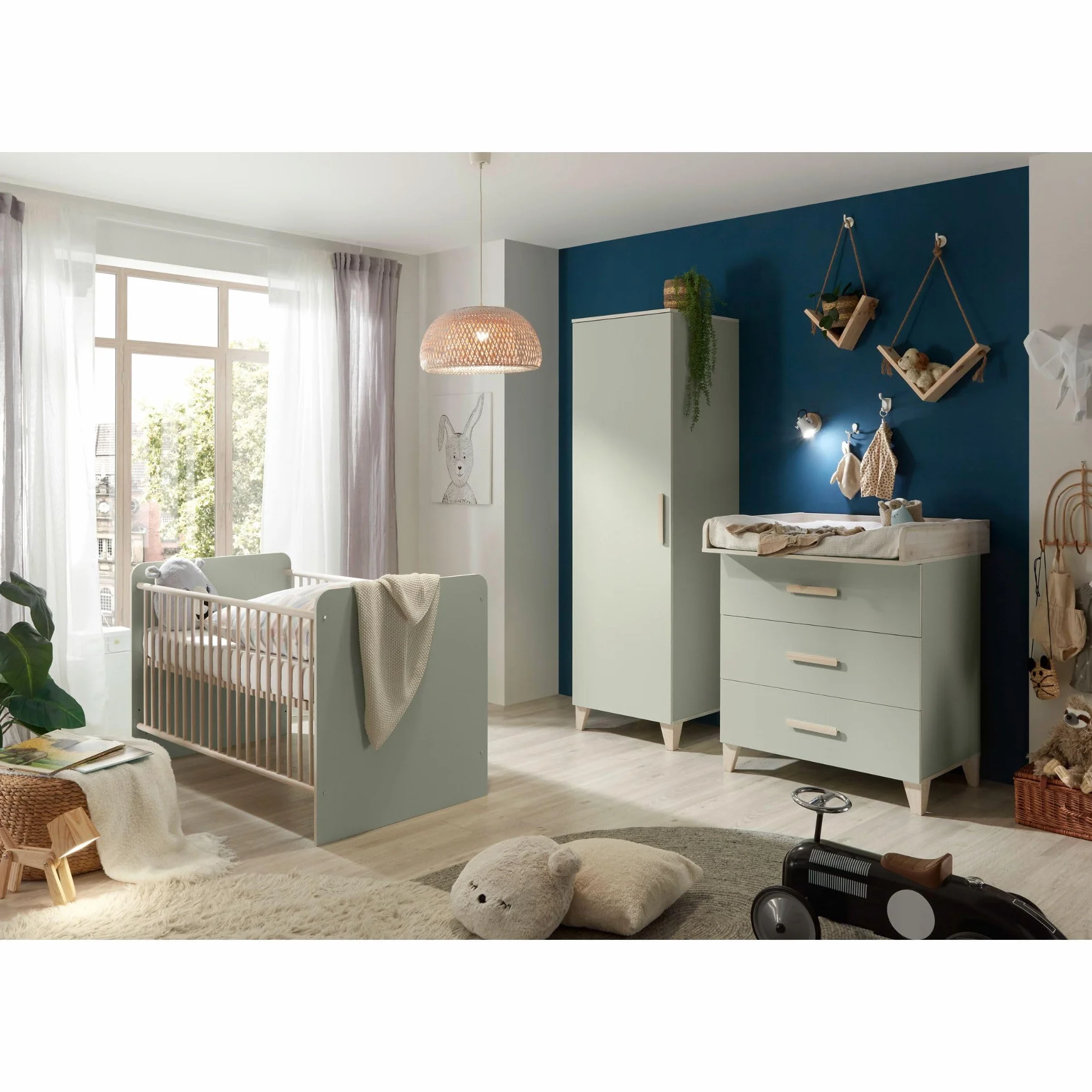 Stella Trading Prizzi Complet Ensemble de Meubles Chambre 3 pièces Armoire Lit Bébé Commode à Langer Bois Vert Pastel