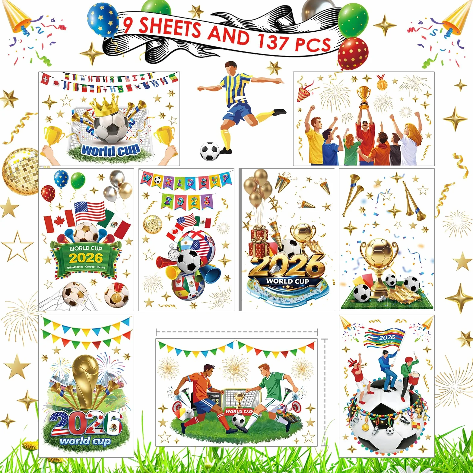 Autocollants pour Fenêtre Coupe du Monde 2026, 137Pcs Stickers Football Réutilisables