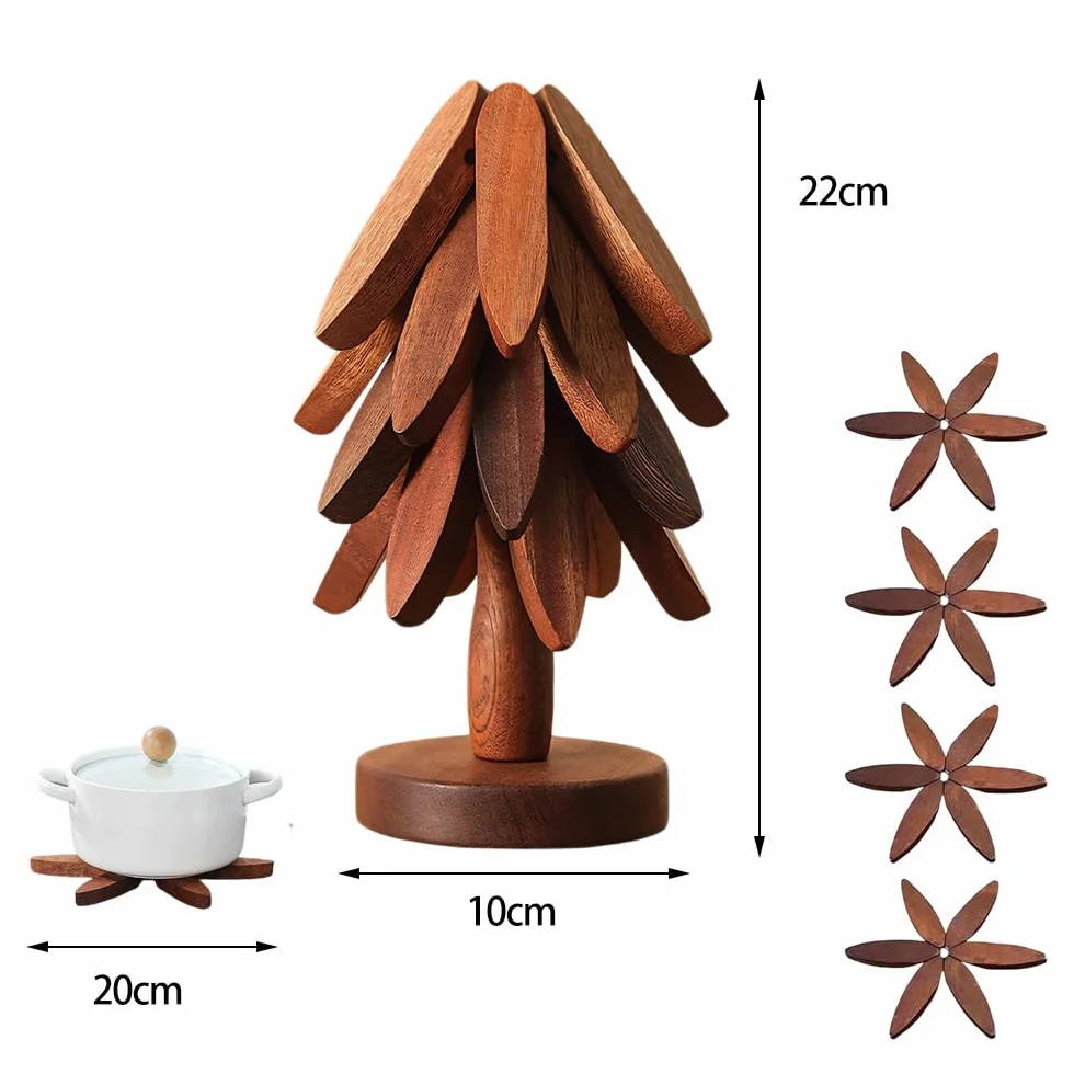 Lot de 4 Dessous de Plats en Bois Pliables + 1 Support Sapin de Noël