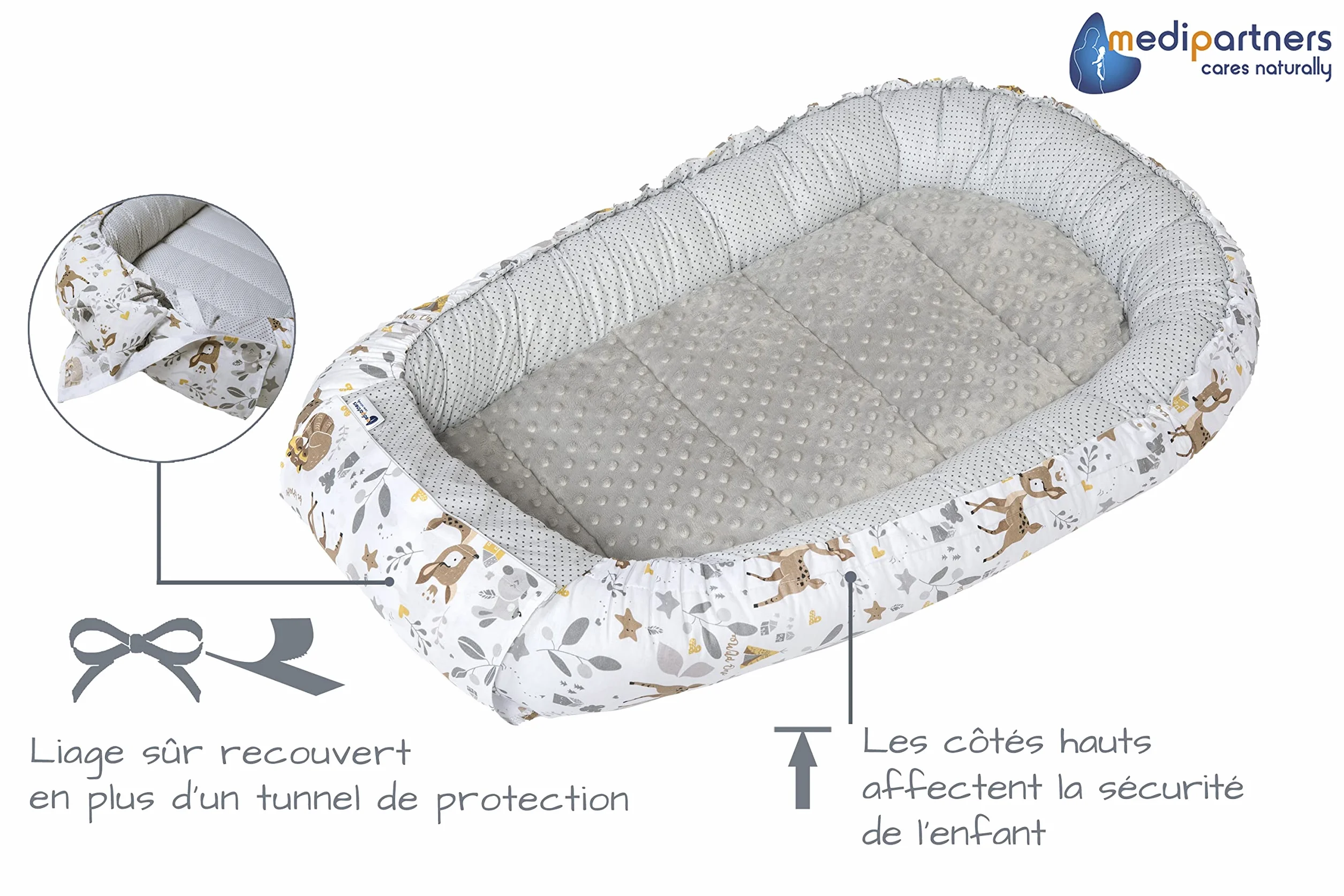 Réducteur de Lit Bébé 100x60x15cm 5 Éléments Cocon Naissance Nid d'Ange Bilatéral Cale 100% Coton Minky Cerf Gris