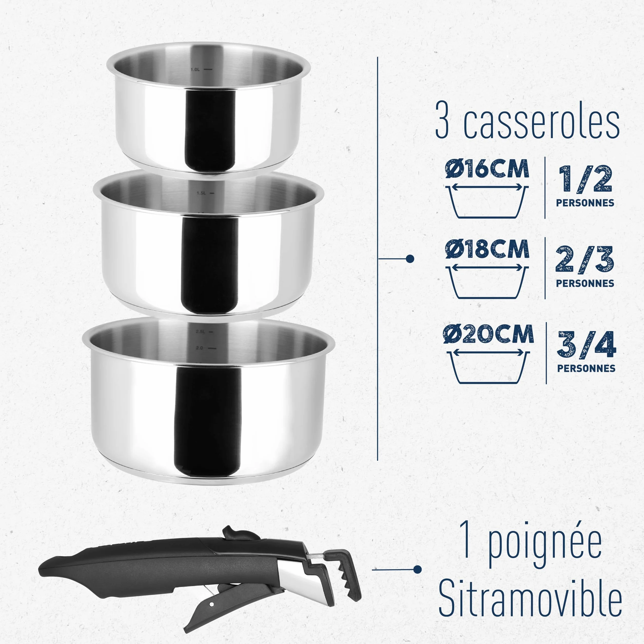 Sitram Arpège zestaw 3 garnków 16+18+20cm INOX, uchwyt amovible, indukcja, srebrny