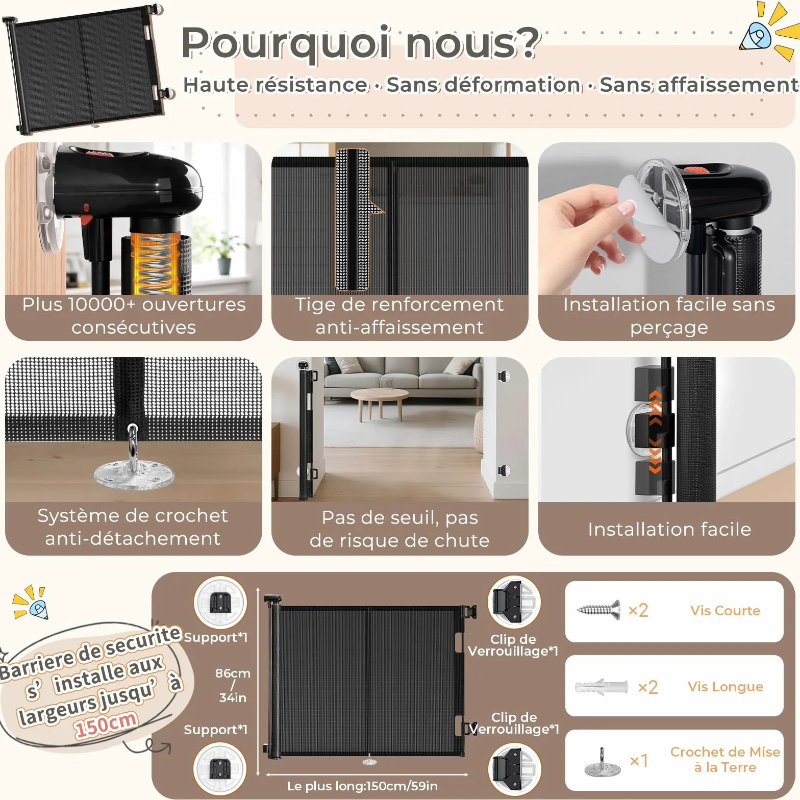 Ycozy Barriere de Securite Enfant sans Perçage 0-150cm Rétractable Chien Barres Renforcées Escalier Intérieur Extérieur