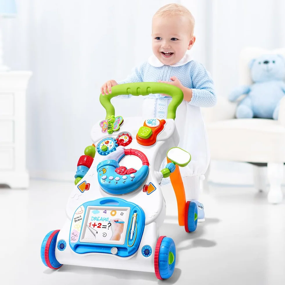 Trotteur en bois avec roulettes, Poussette de Bébé, Centre d'activités d'apprentissage précoce, Jouet éducatif Multifonctionnel