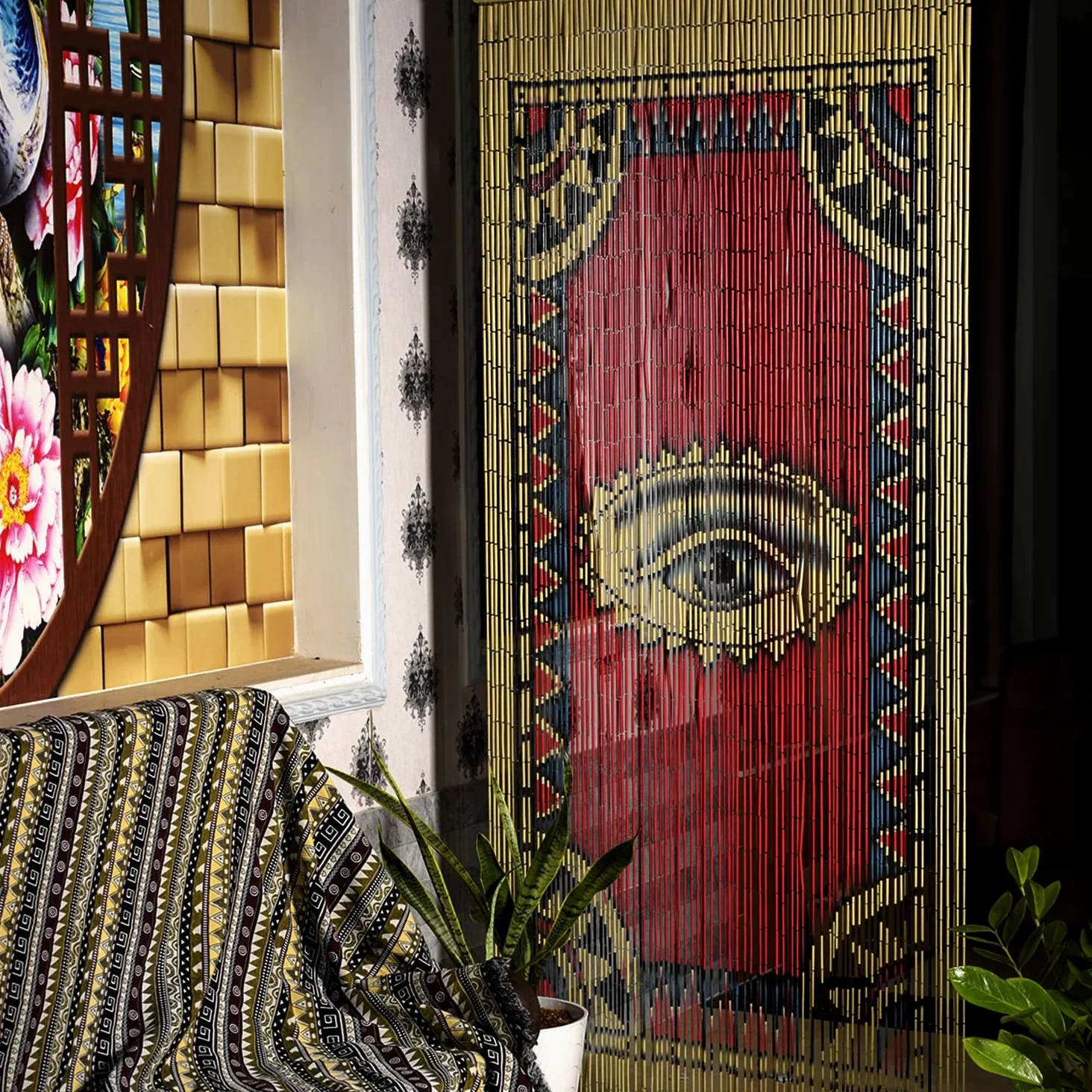 TACHILC The Eye Rideau en Perles de Bambou pour Porte, Rideau de Perles bohème pour placards, décoration de Porte, Perles de Bambou pour Portes, 90,2 x 198,1 cm | Peint à la main ; 198,1 x 90,2 cm pour porte standard ; s'accroche en 5 minutes