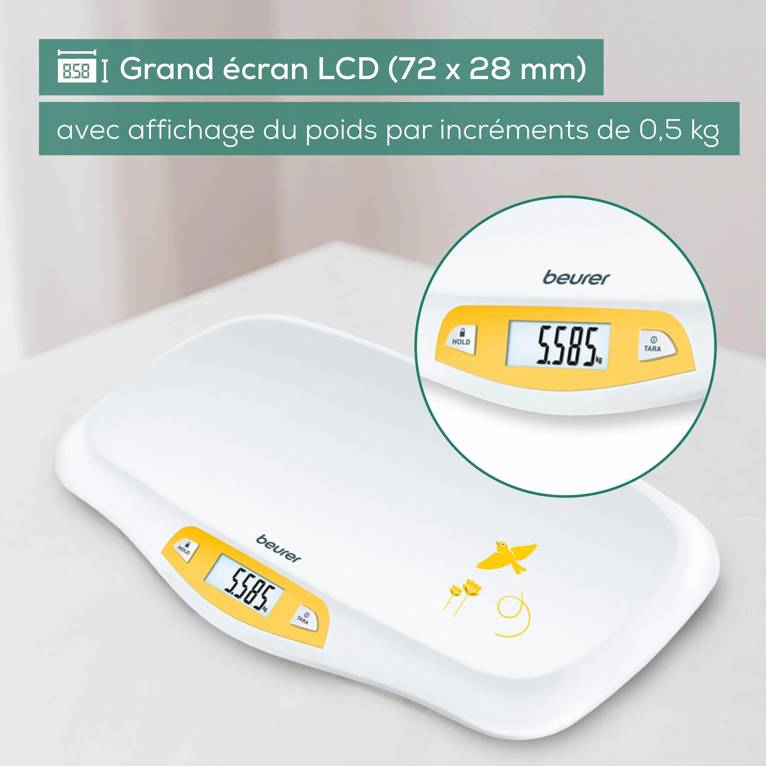 Beurer BY 80 Pèse-bébé 20 kg avec fonction de tare et maintien, graduation 5g