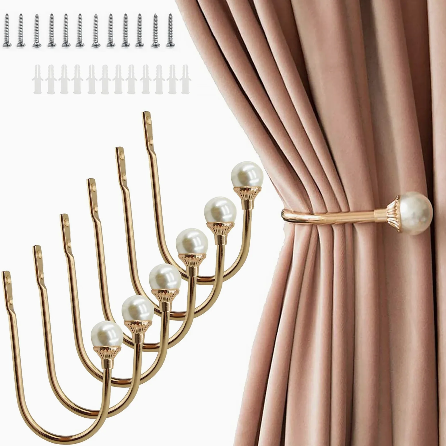 Lot de 6 embrasses de Rideaux murales en Plastique avec Perles en Forme de U avec vis pour la Maison et Le Bureau - Doré