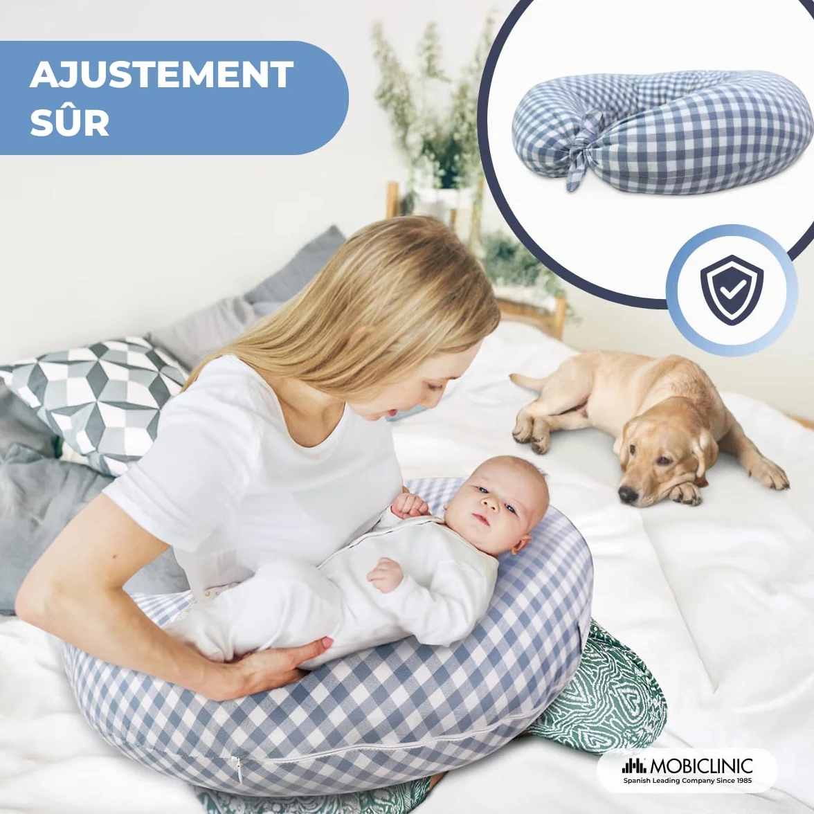 Mobiclinic® Coussin Allaitement et Grossesse XXL 3 en 1 Housse 100% Coton 150 cm Sangles Réglables Amovible Lavable