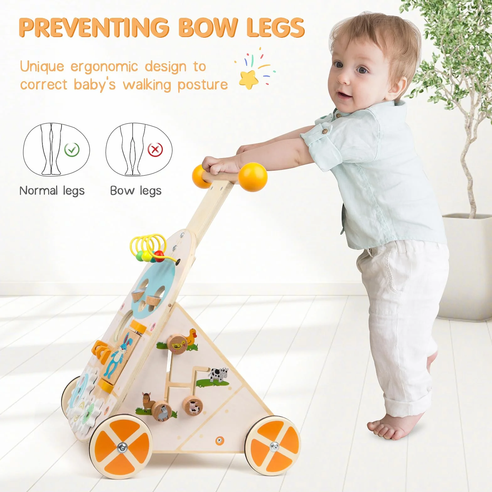 Jacootoys Activité Walker en Bois, Vitesse réglable Baby Push Walker pour garçons Filles 1 2 3 Ans