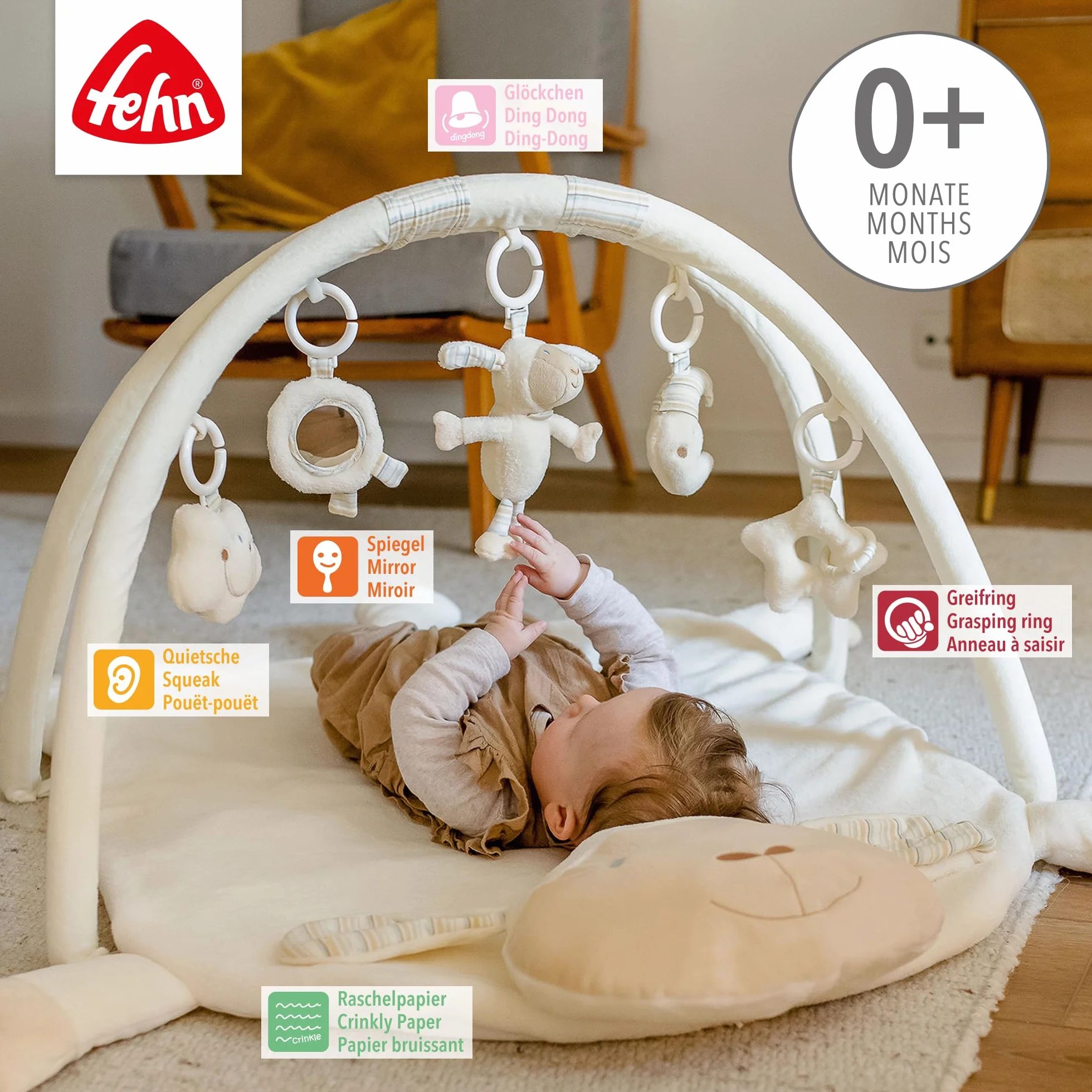 Fehn Couverture d'activités 3D Arche de jeu mouton avec 5 jouets amovibles pour bébés dès 0+ mois