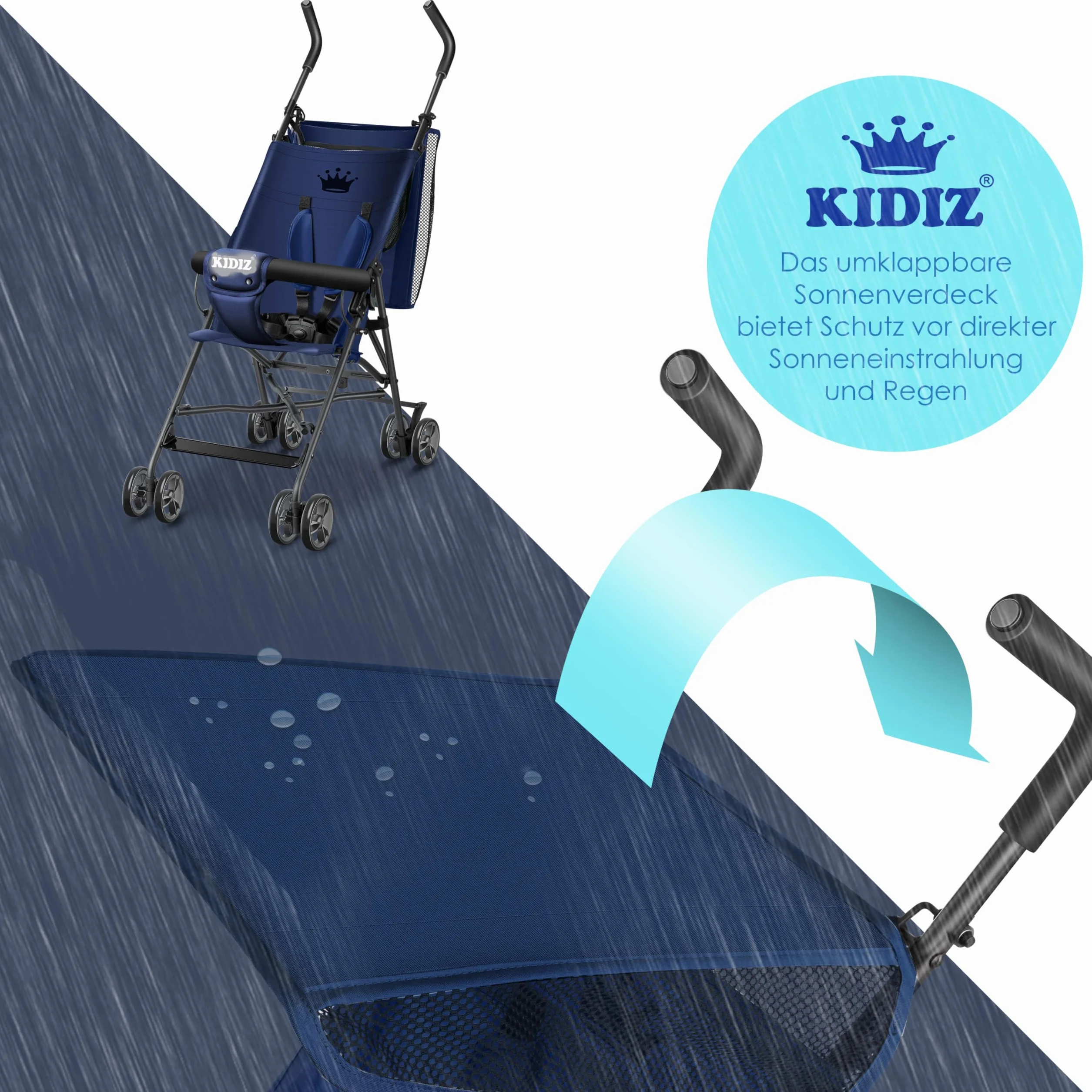 KIDIZ Poussette pliante 360° 4 roues parasol ceinture sécurité 5 points bleu marine