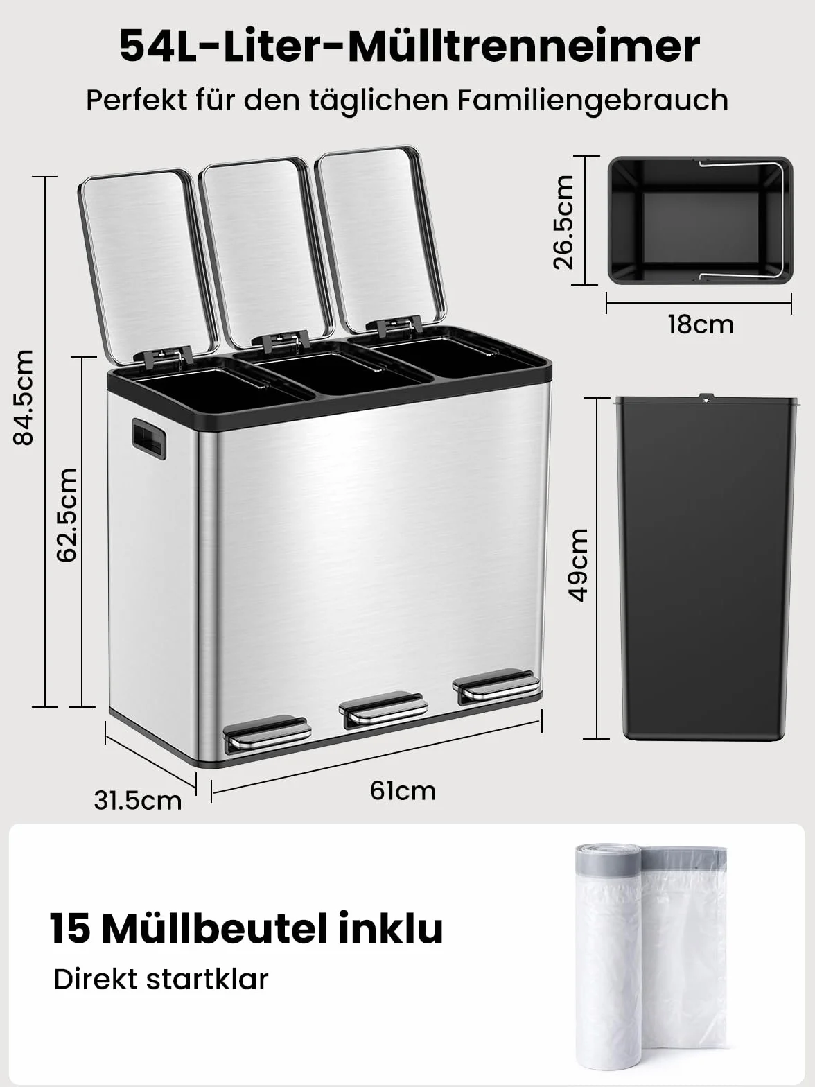 Poubelle Cuisine 54L Inox 3 Compartiments Tri Sélectif à Pédale Soft Close