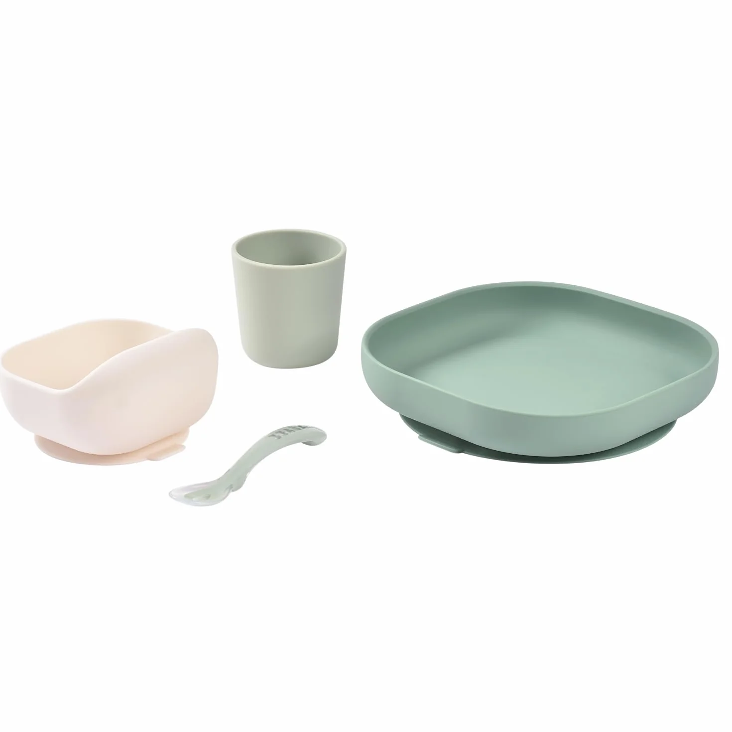 BÉABA Set Vaisselle Silicone Repas Bébé 4 Pièces Assiette Bol Verre Cuillère Vert Sauge