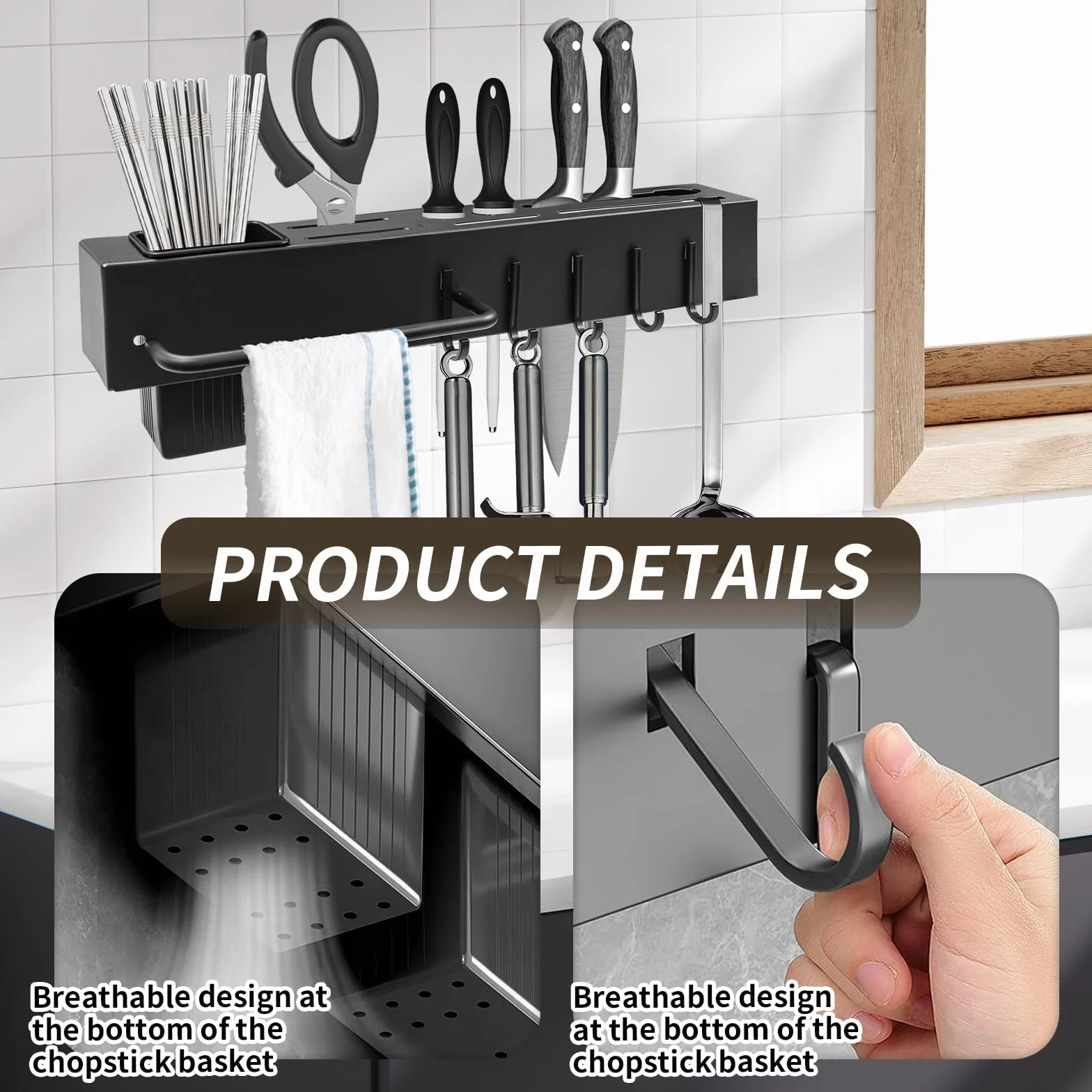 Porte Couteaux Mural 40 cm Organisateur de Cuisine Multifonction avec Porte-Torchon et Porte-Baguettes
