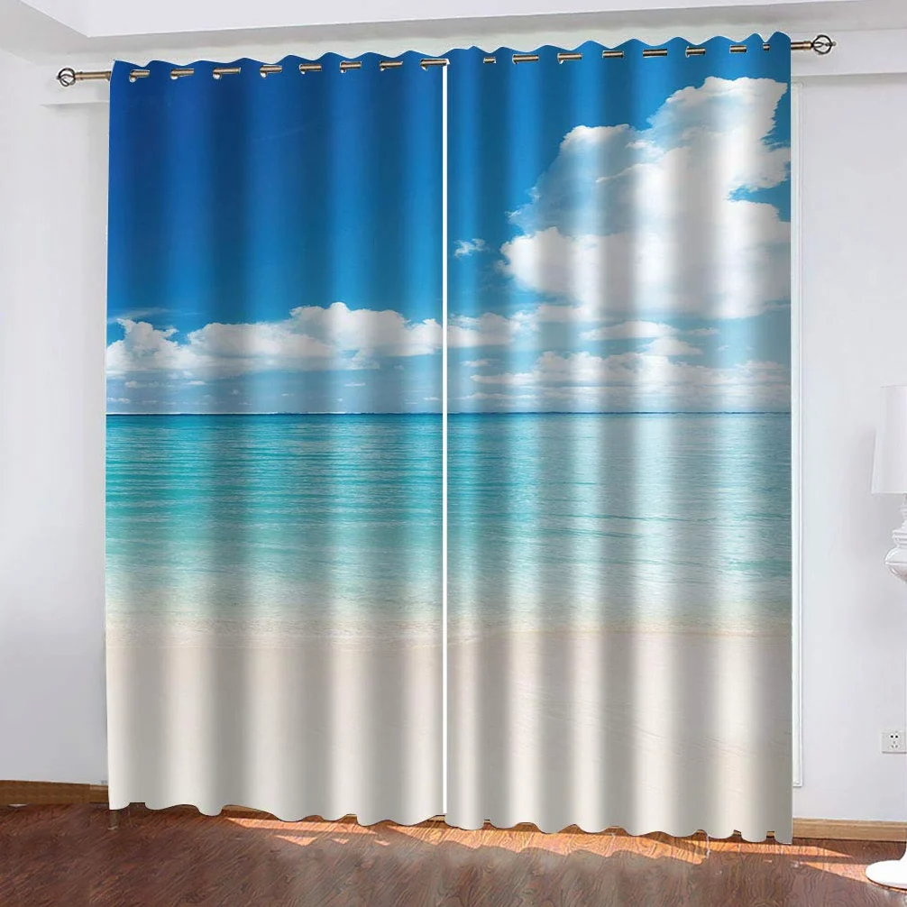 Rideaux Et Draperies Intérieurs 3D Ciel Bleu Nuage Blanc Vue Mer Motif Rideau Occultant À Oeillets Decoration Salon Chambre Maison pour Enfant Adulte 2 Pièces 280x160Cm Design Moderne Imprimé