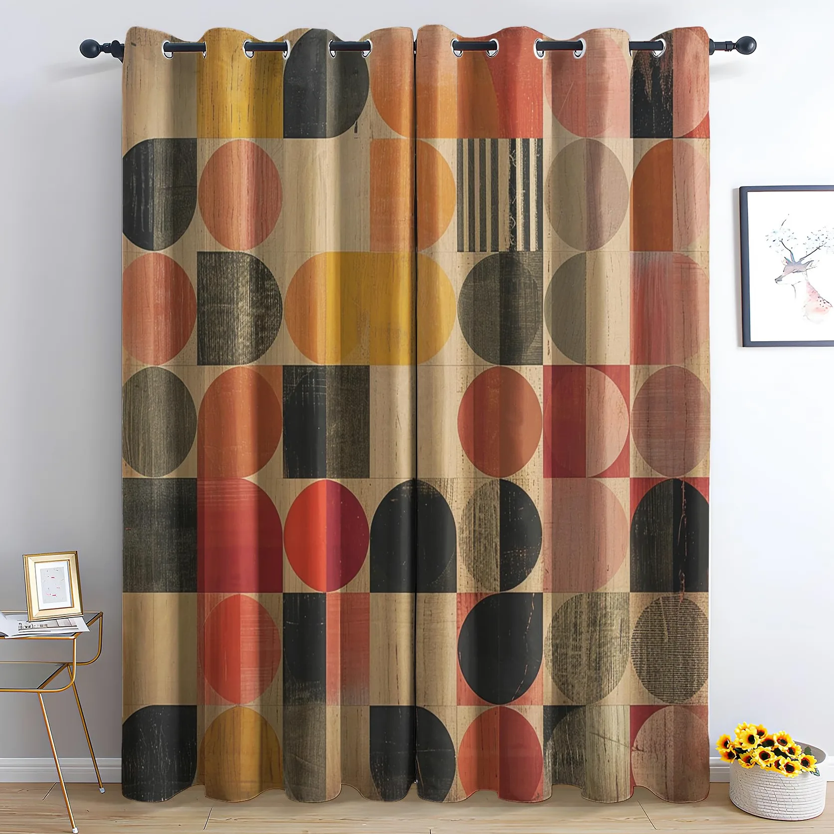 Rideau Occultant Milieu du Siècle, Cercle Boho Motif Rideaux Thermiques à Oeillets, Rideaux Imprimé pour Salon Chambre Fenetre Moderne Décoration, 110x215 cm (L x H), Lot de 2