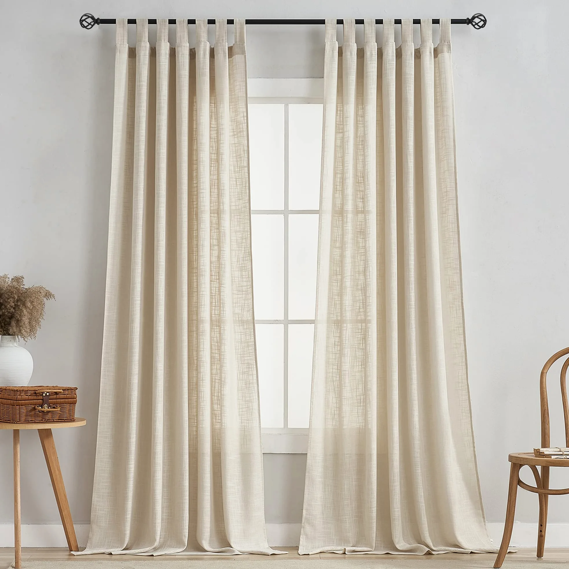 Lot de 2 Rideaux Semi-Transparents en Lin avec Pattes filtrant la lumière pour Salon 132 x 243 cm de Long, Beige