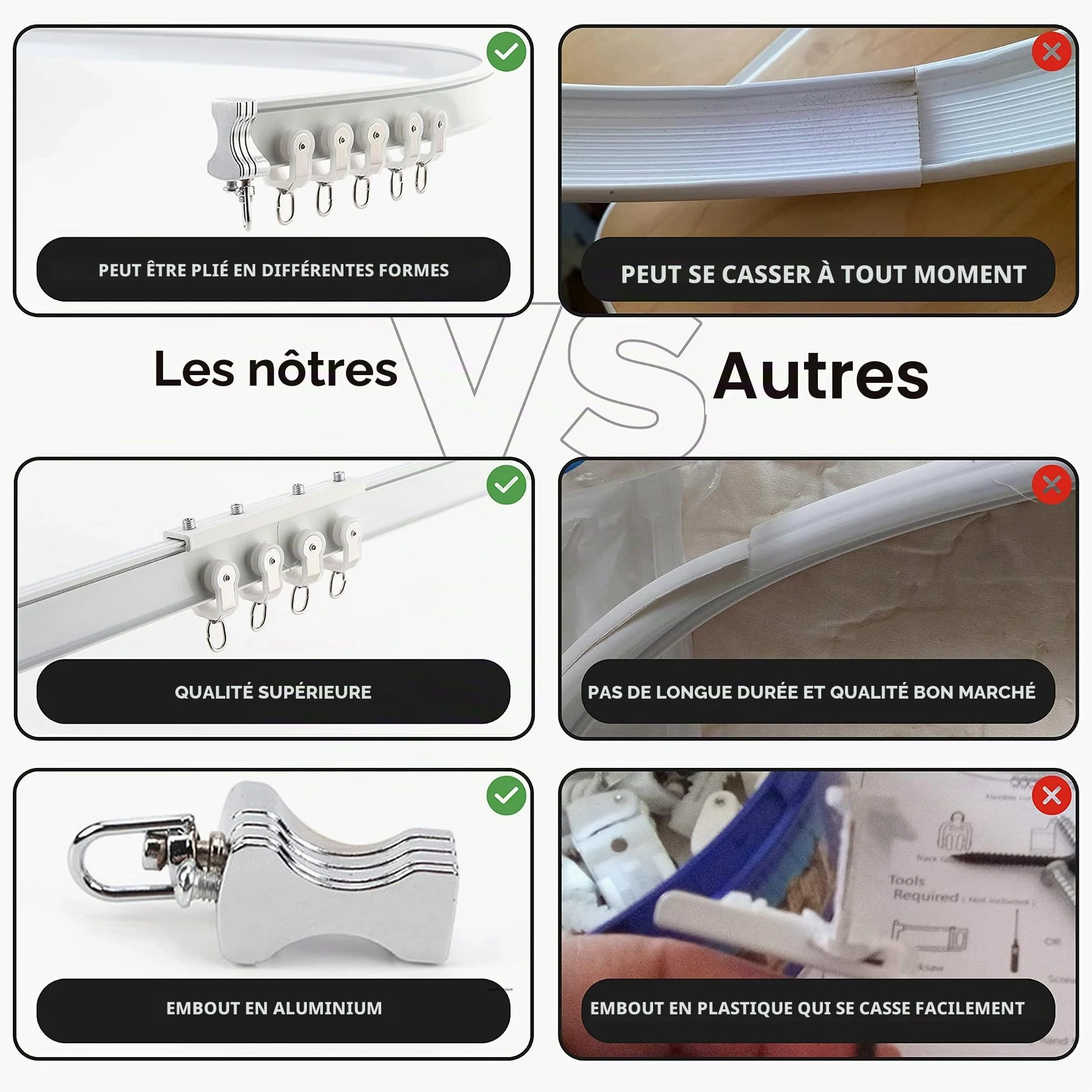 Rail de rideau de plafond flexible en aluminium – Rail de montage mural/plafond pliable de 5 m, système de glissement lisse pour baies vitrées, camping-cars, séparateurs de pièce, douches – Facile à