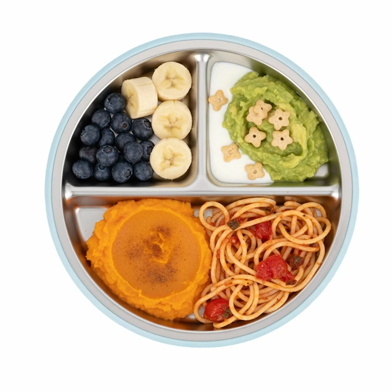 PandaEar Lot De 2 Assiettes Bébé En Acier Inoxydable Avec Ventouse Et 2 Cuillères, Set D’Alimentation Pour Bébé Et Tout-Petit, Assiettes Compartimentées Pour La DME, Sans BPA (Bleu/Vert)