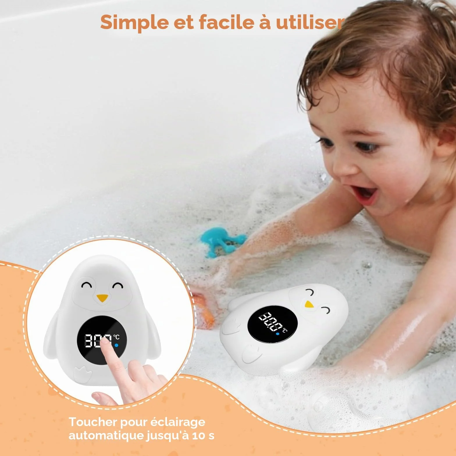 Thermomètre numérique de bain bébé étanche avec alarme température et voyant LED