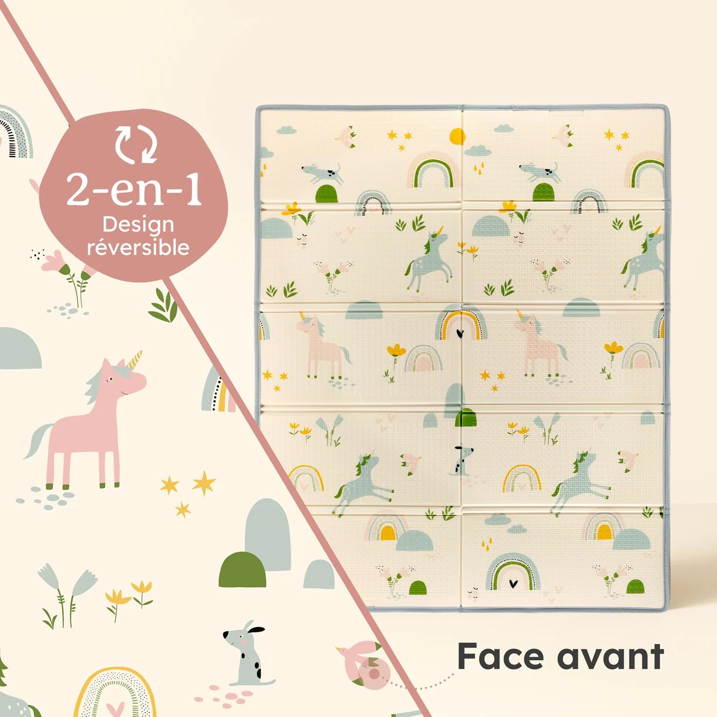 Tapis d’éveil bébé imperméable 120 x 150 x 1 cm pliable réversible antidérapant arc-en-ciel