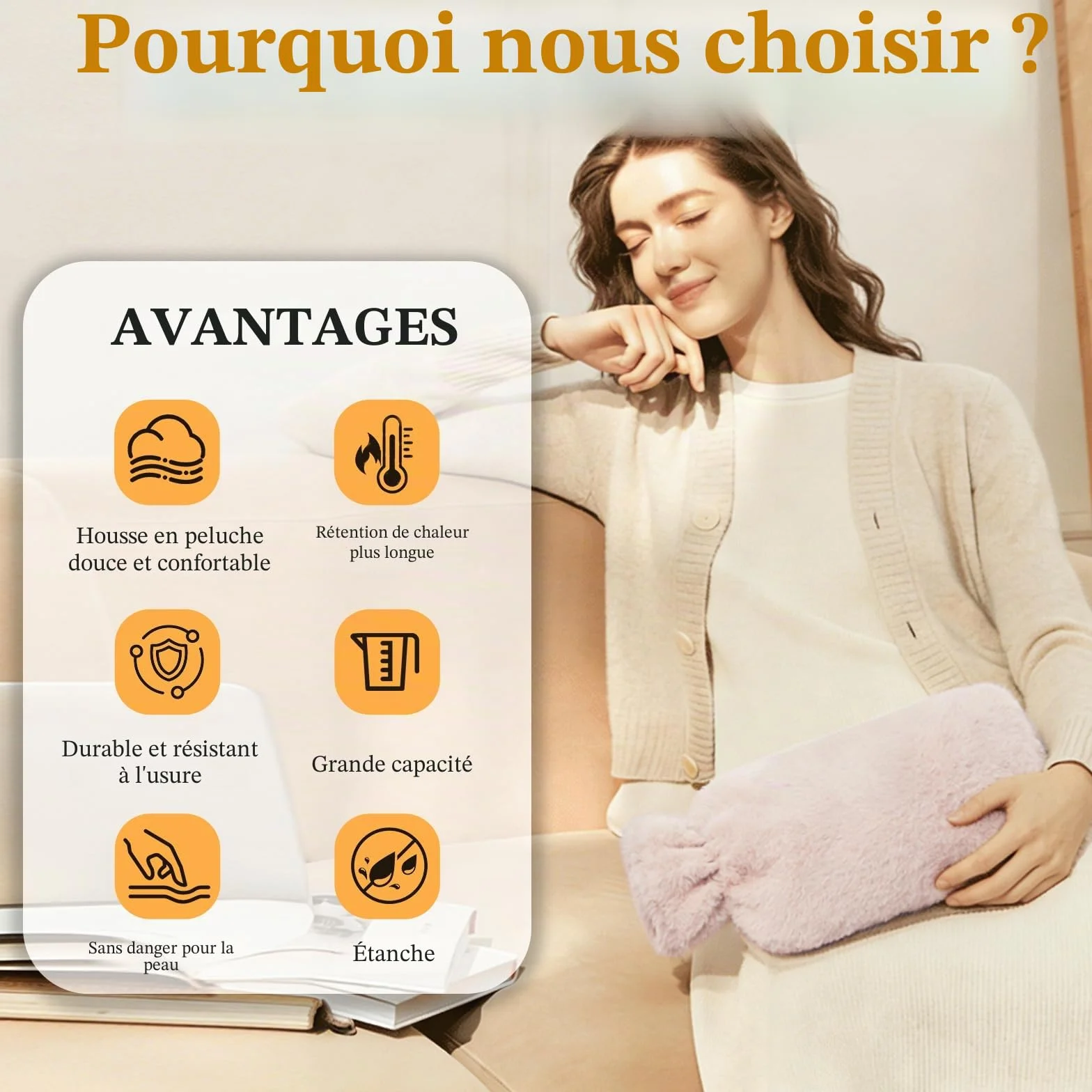 Bouillotte Eau Chaude 2L avec Housse en Peluche Antifuite Chauffe Main Ventre Cou