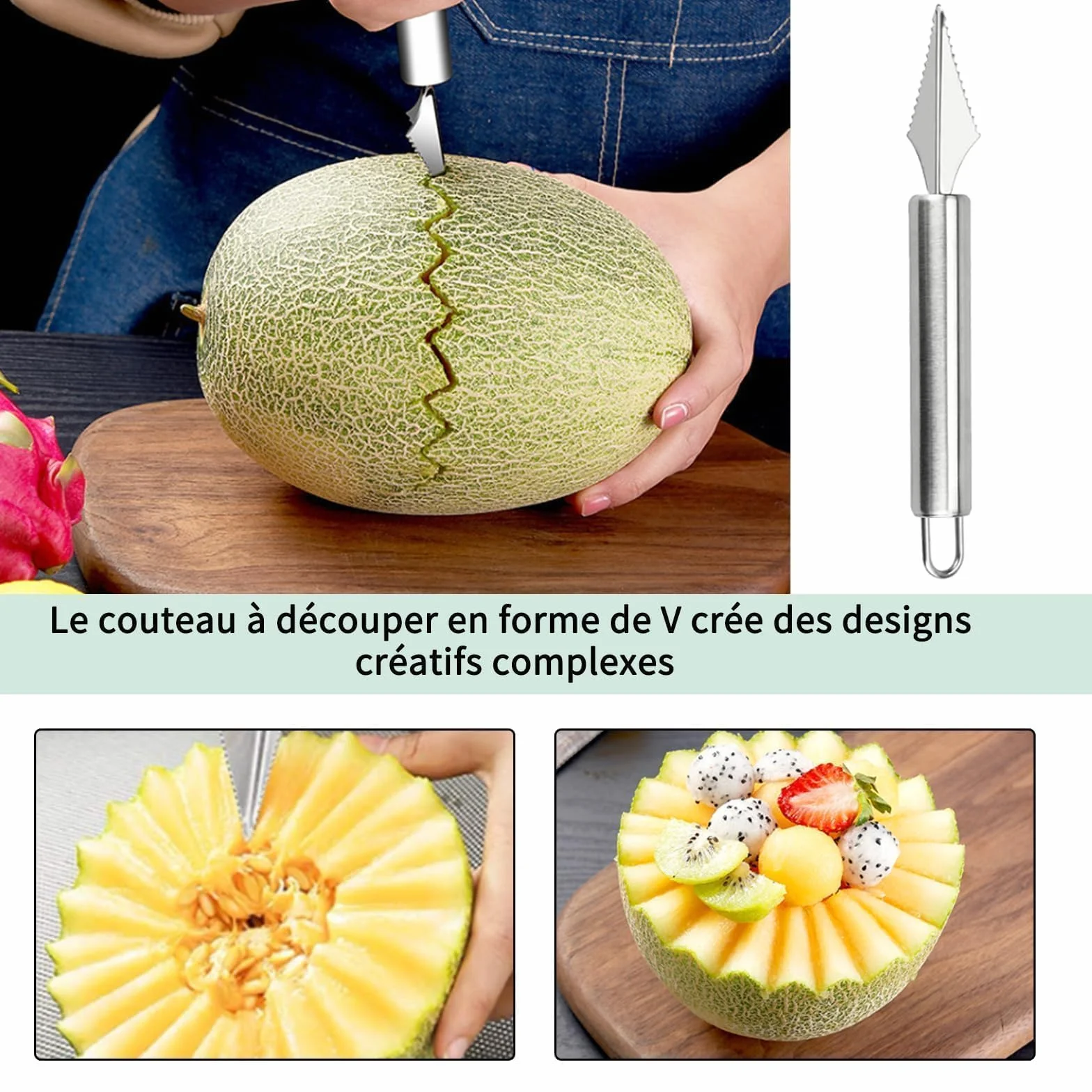Couteau Sculpture Fruits Acier Inoxydable Pousse-Pomme Cuillère Boule Melon 3 Pièces