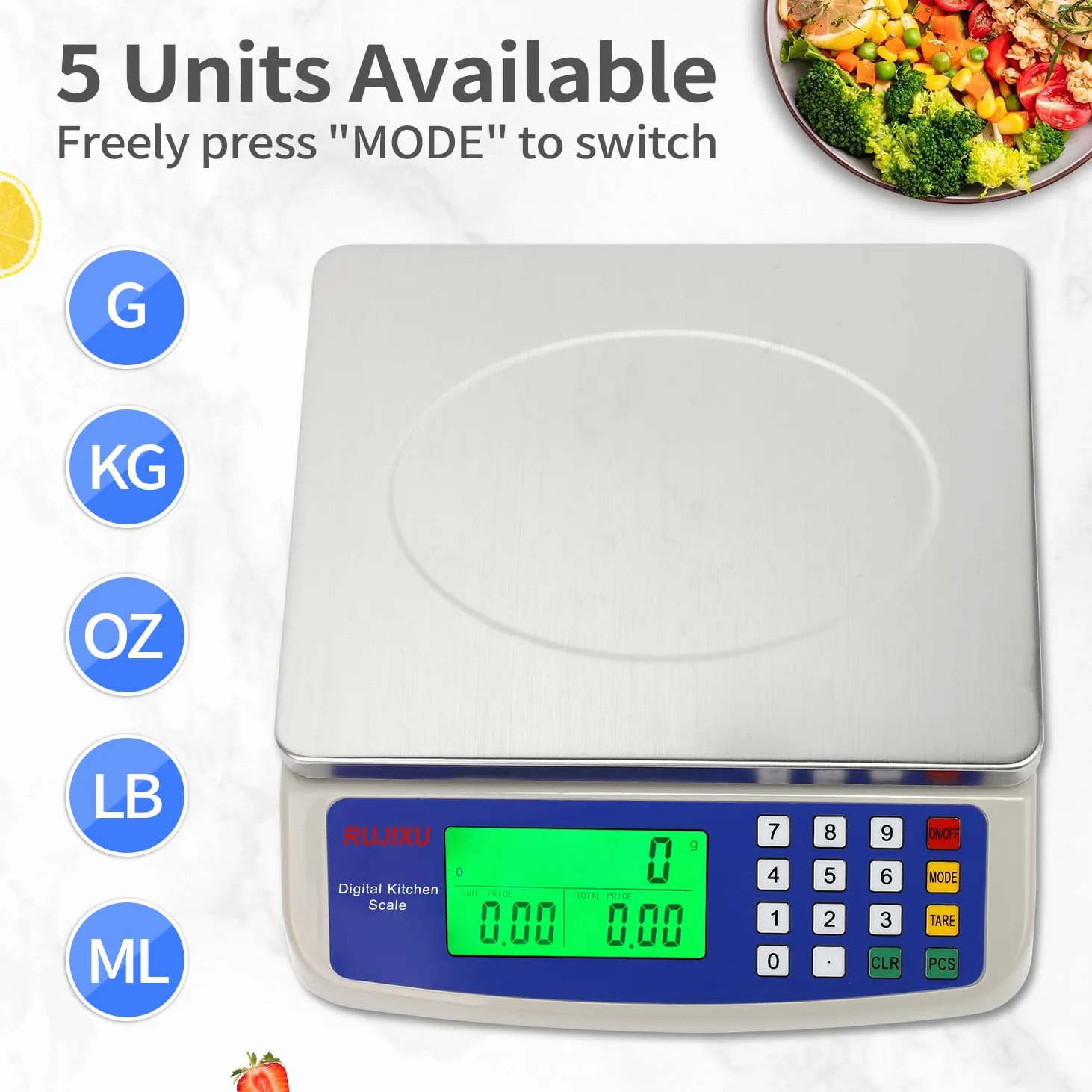 Balance de cuisine precision 10kg/0.5g acier inoxydable balance professionnelle alimentaire avec Écran LCD Rétroéclairé, pese aliment 5 Unités et Fonction Tare, Piles incluses avec USB