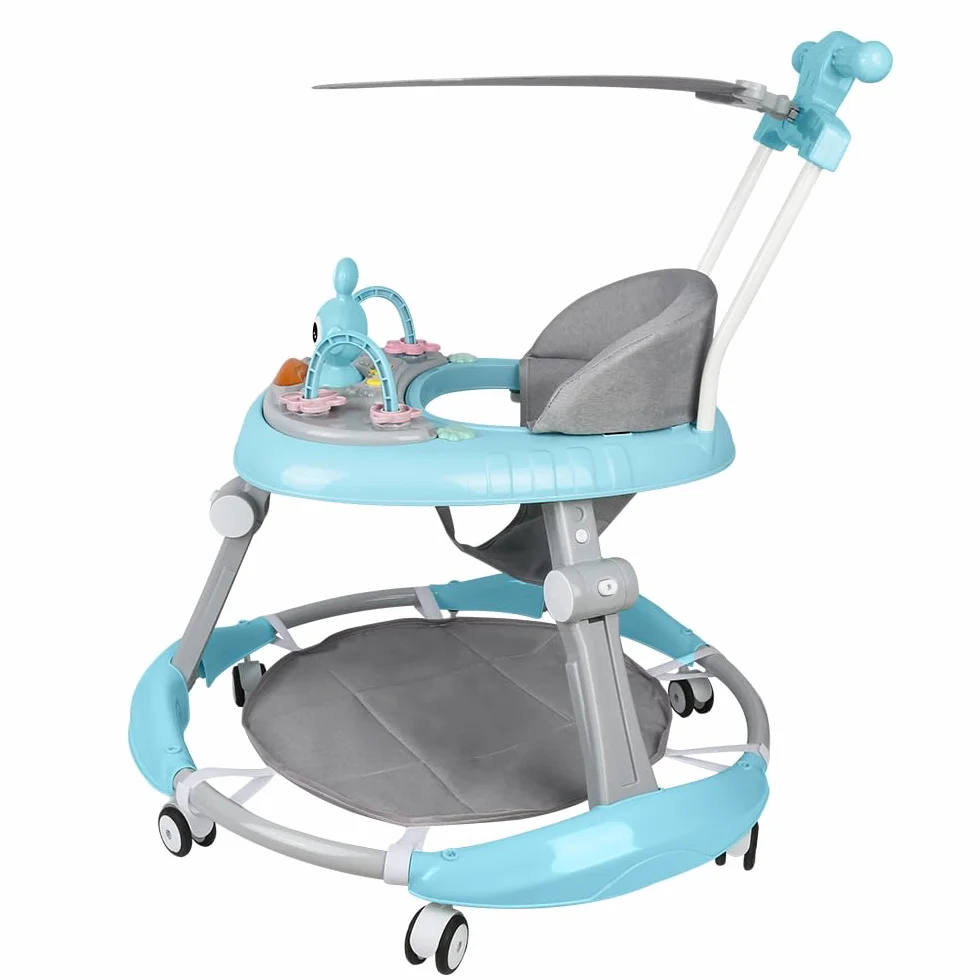 Trotteur Bébé Pliable 6-18 Mois Roues Silencieuses Hauteur Réglable Bleu 70x70x91cm