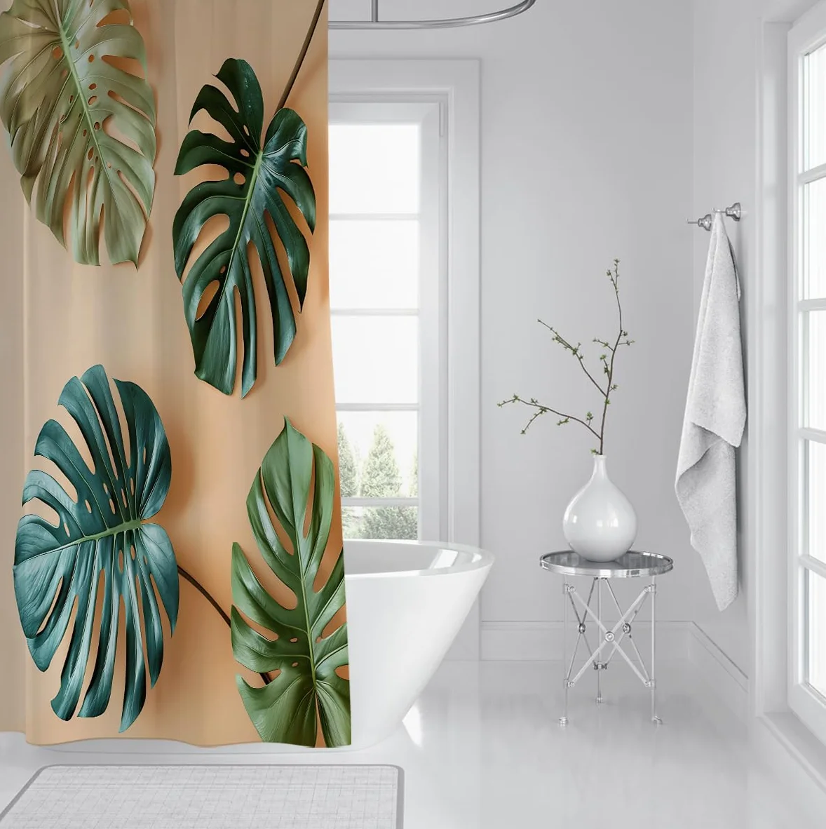 Rideau de douche à feuilles de monstera tropicales pour décoration de salle de bain, rideau de bain en tissu botanique feuilles de palmier vert style bohème, lavable avec crochets W200xL200 cm
