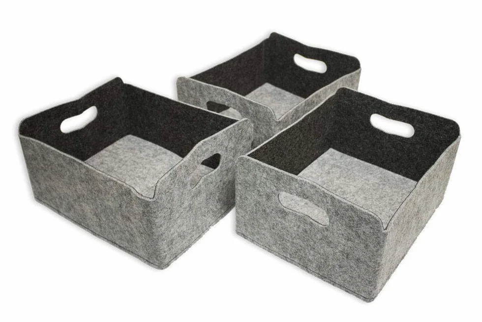 Set de 3 corbeilles de rangement en feutre lavable gris/gris foncé 30x24x15cm