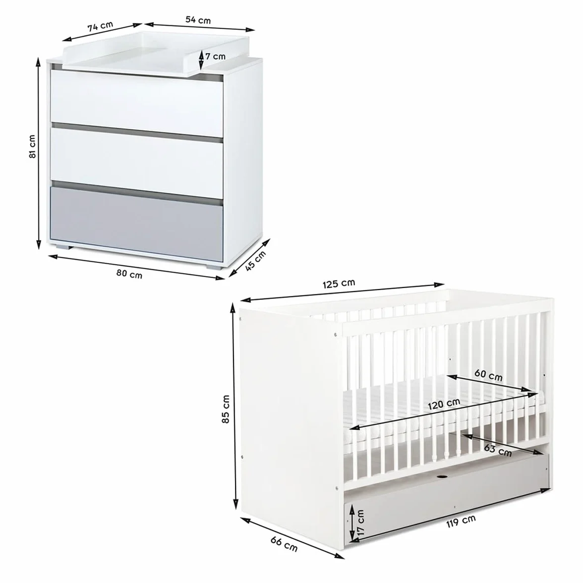 Mon Mobilier Design Dalia Ensemble Commode à Langer Lit Bébé Évolutif Blanc 120x60