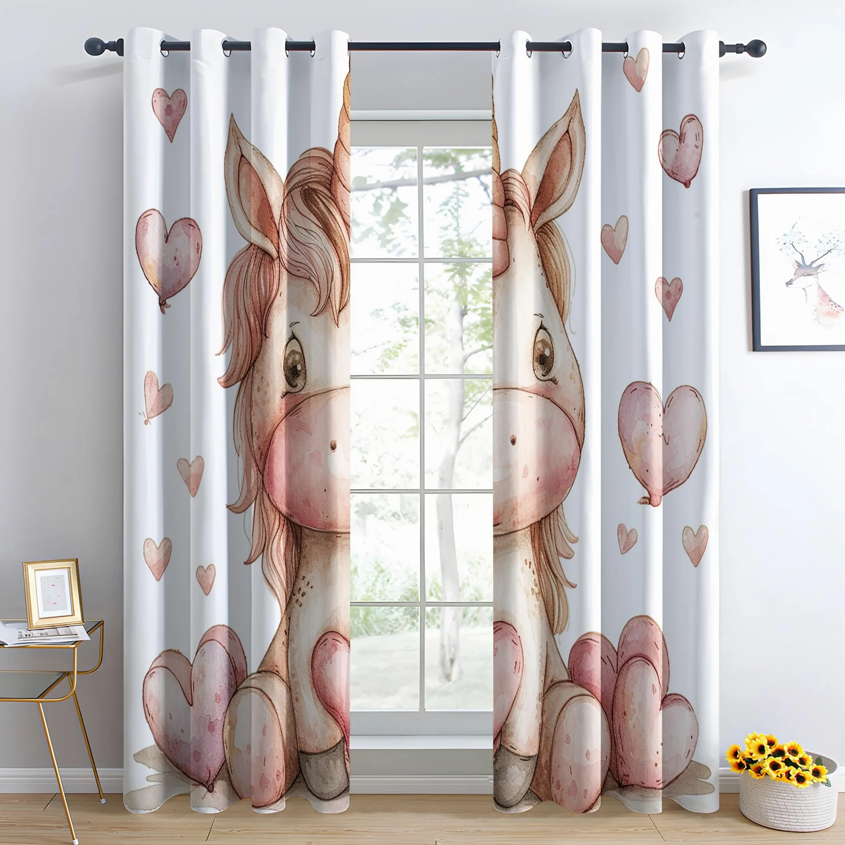 Rideau Occultant Licorne - Rideaux Thermiques à Oeillets - Rideaux Imprimé Motif Enfants Filles pour Salon Chambre Fenetre - Lot de 2 Rideaux et Draperies Intérieurs - 75x166 cm (L x H)