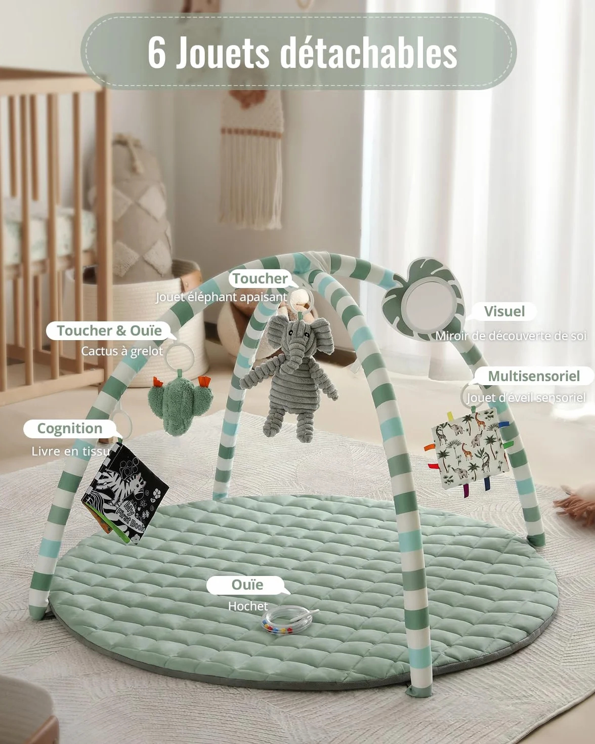 Blissful Diary Tapis d'Éveil Bébé avec Arche Amovible, 6 Jouets Sensoriels et Moteurs, Vert Sauge