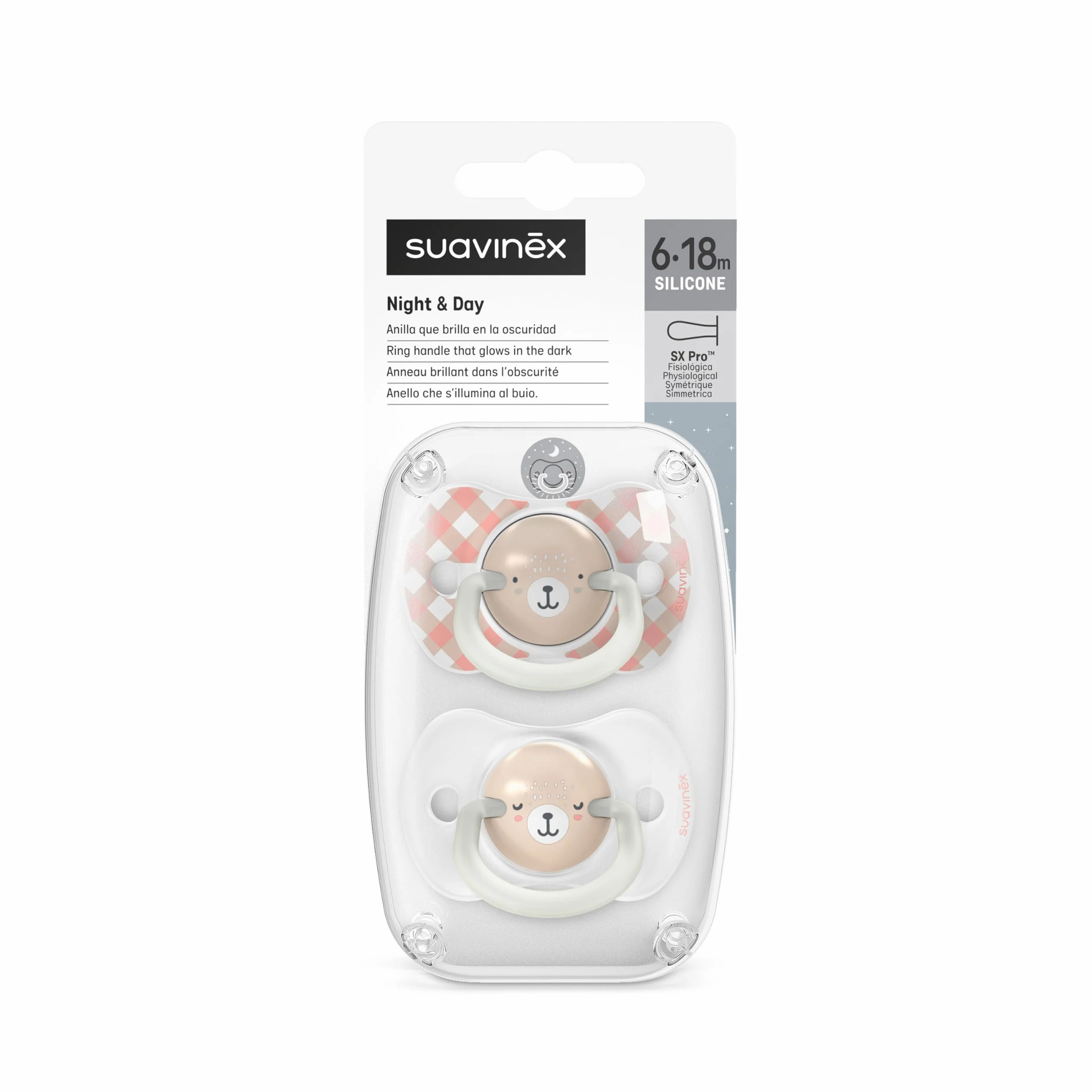 Suavinex Lot 2 Sucettes Bébé 6/18 Mois Brillent Noir Anneau Fluorescente Tétine Symétrique SX Pro Silicone Rose