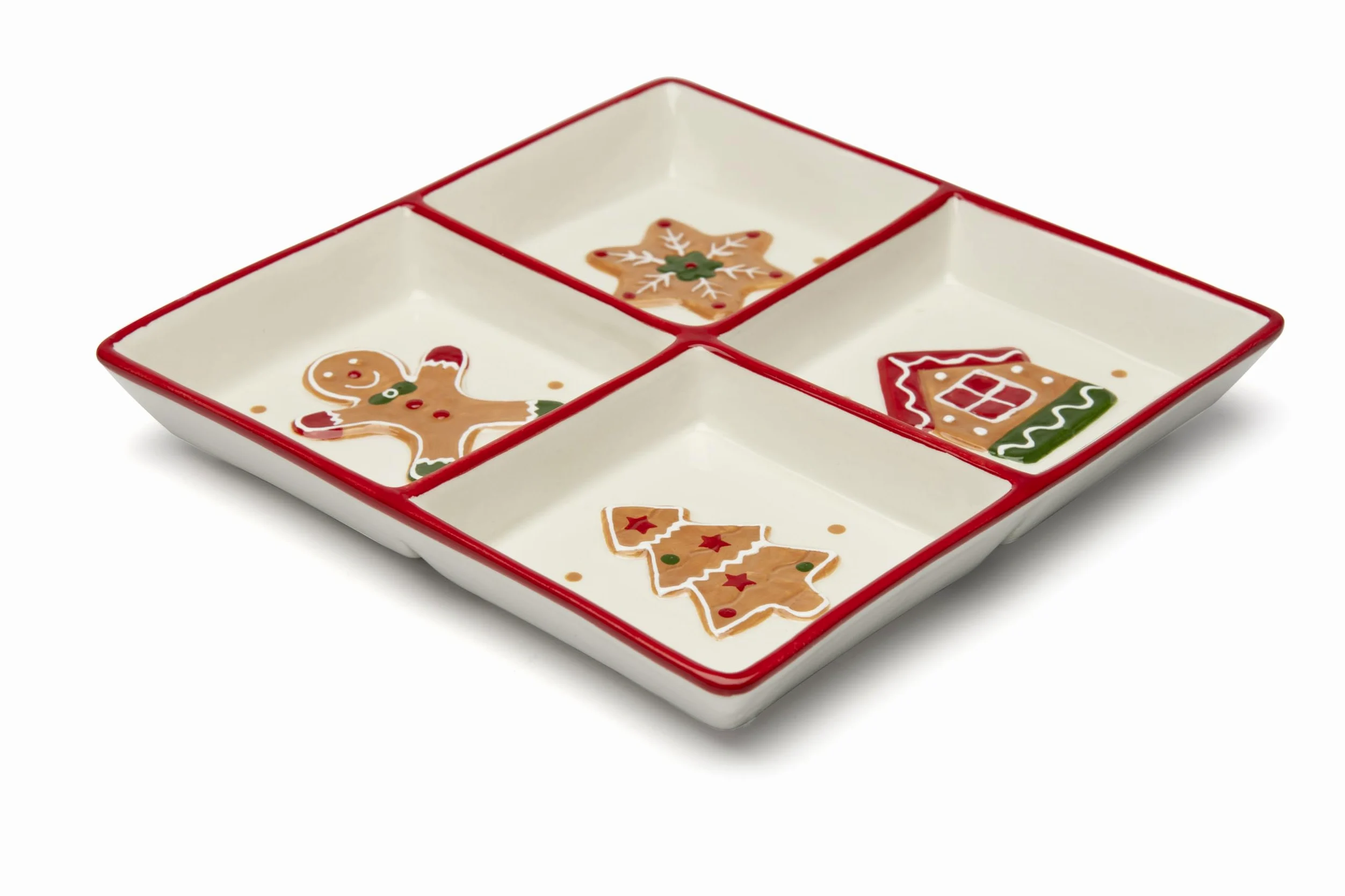 Excelsa Wonderful Ginger Assiette de Noël en céramique 4 compartiments, décoration pain d'épice 20 x 20 cm